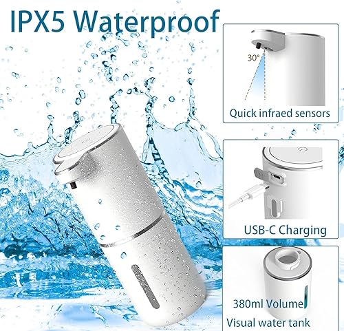 Miniatura 4 de Paquete de 2 dispensadores automáticos de jabón, dispensador de jabón espumoso sin contacto de 13.5 fl oz, dispensador recargable por USB, eléctrico