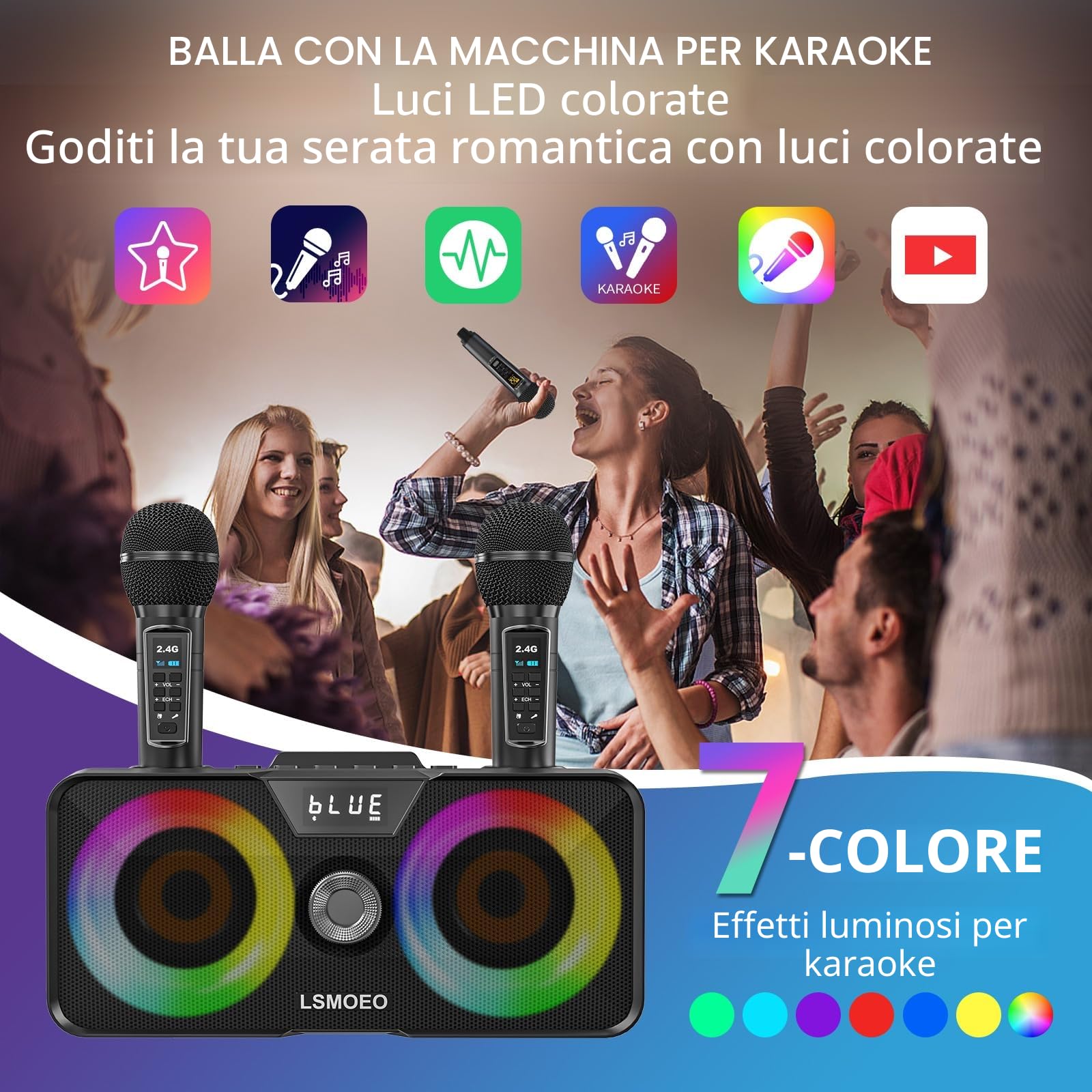 Casse Karaoke Portatile, Tutto-in-Uno Karaoke Professionale Completo con Cassa Bluetooth da 20W, 2 Microfoni Karaoke Wireless e Slot per Microfono Ricaricabile, Ideale per Karaoke Domestico