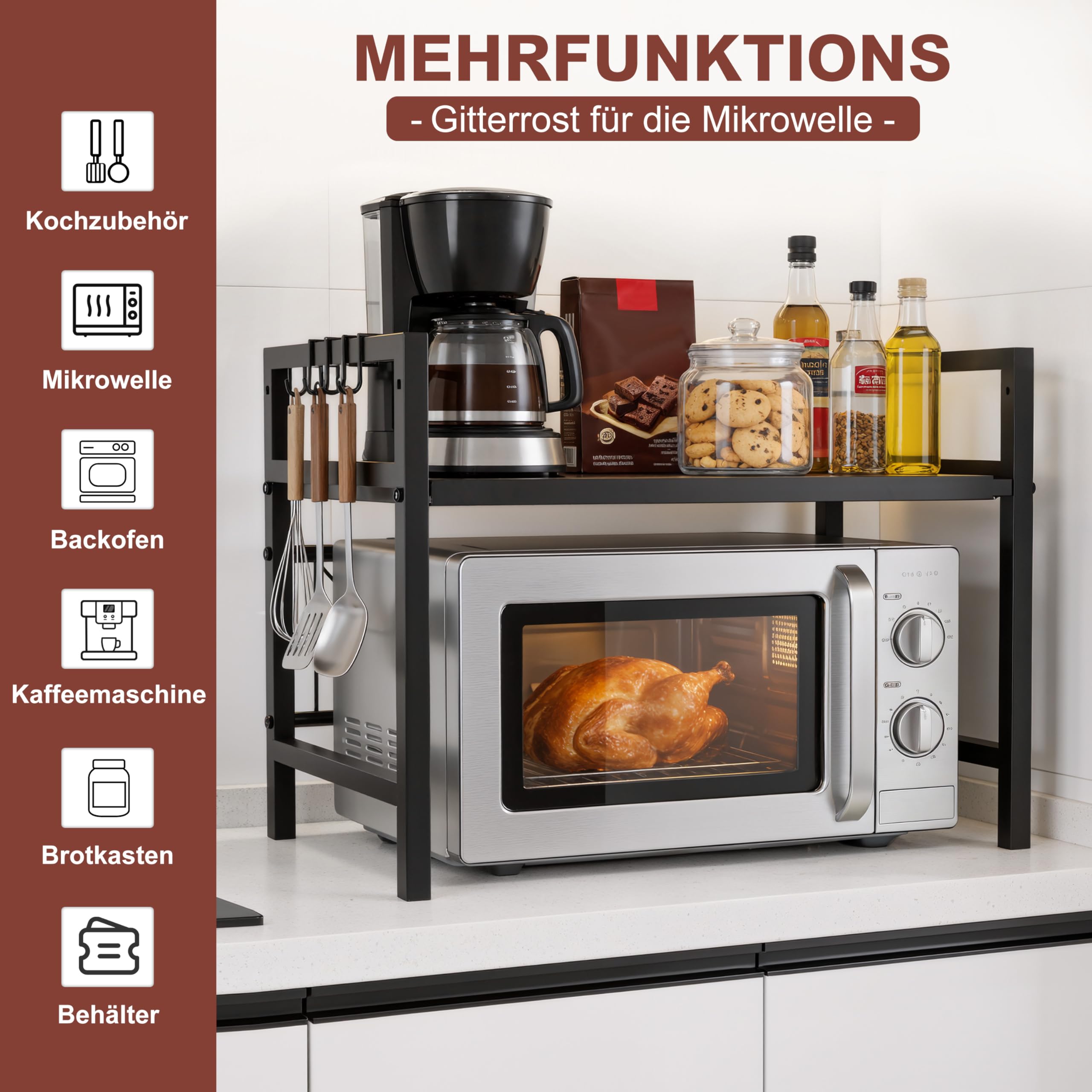 Ribelli Erweiterbares Mikrowellenregal 2 Stufig, Küchenregal Stehend Stahl, Mikrowellen Regal mit 3 Haken, Mikrowellenständer für Arbeitsplatte, Vorratsregal Bäckerregal, Schwarz