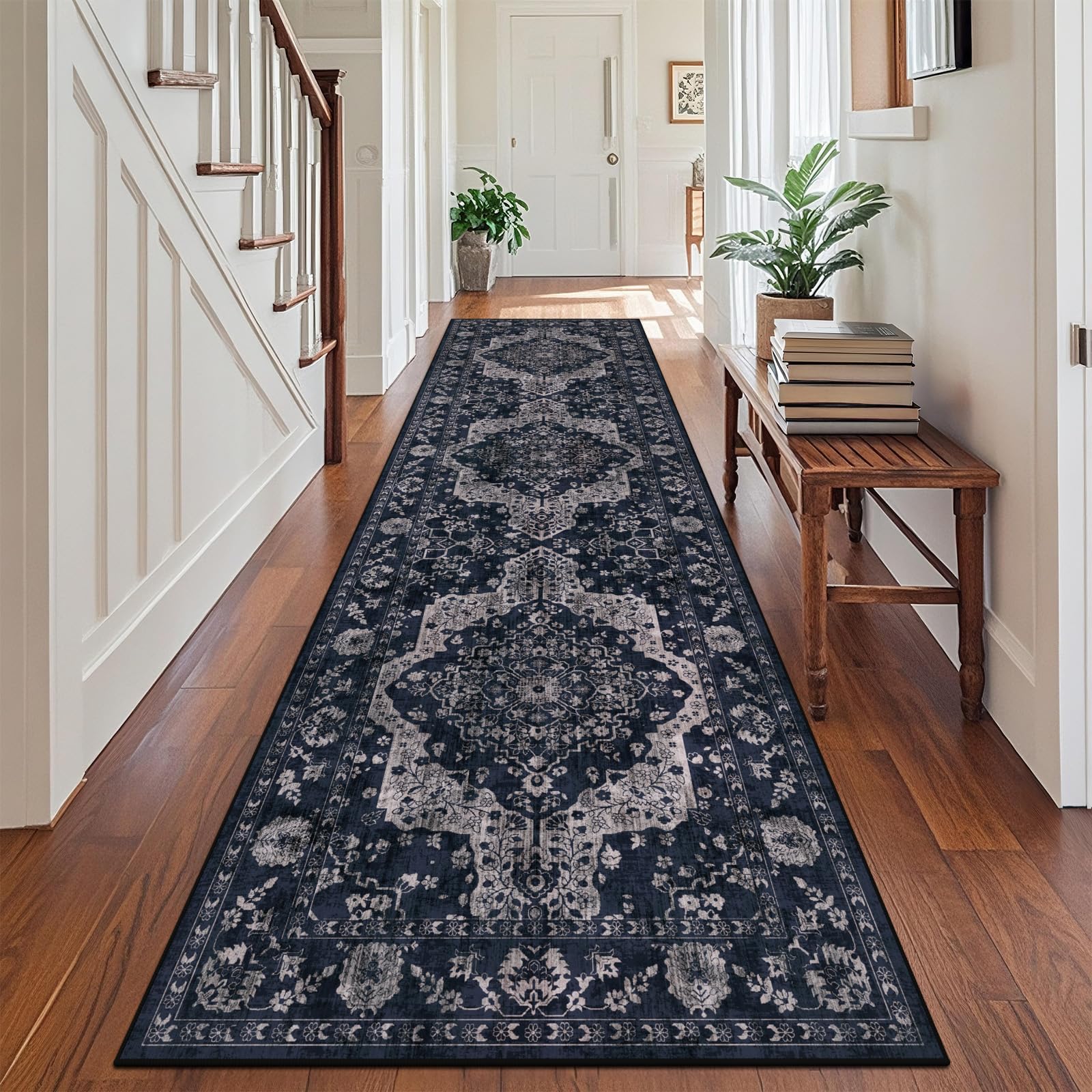 TUKDAK Vintage Runner Rugs for Hallway 80x300cm, Navy Blue Boho Non-Slip Hallway Runner Rug, Washable Low Pile Floor Carpet for Entryway, Hall Carpet for Kitchen Bathroom Bedroom Doorway Laundry