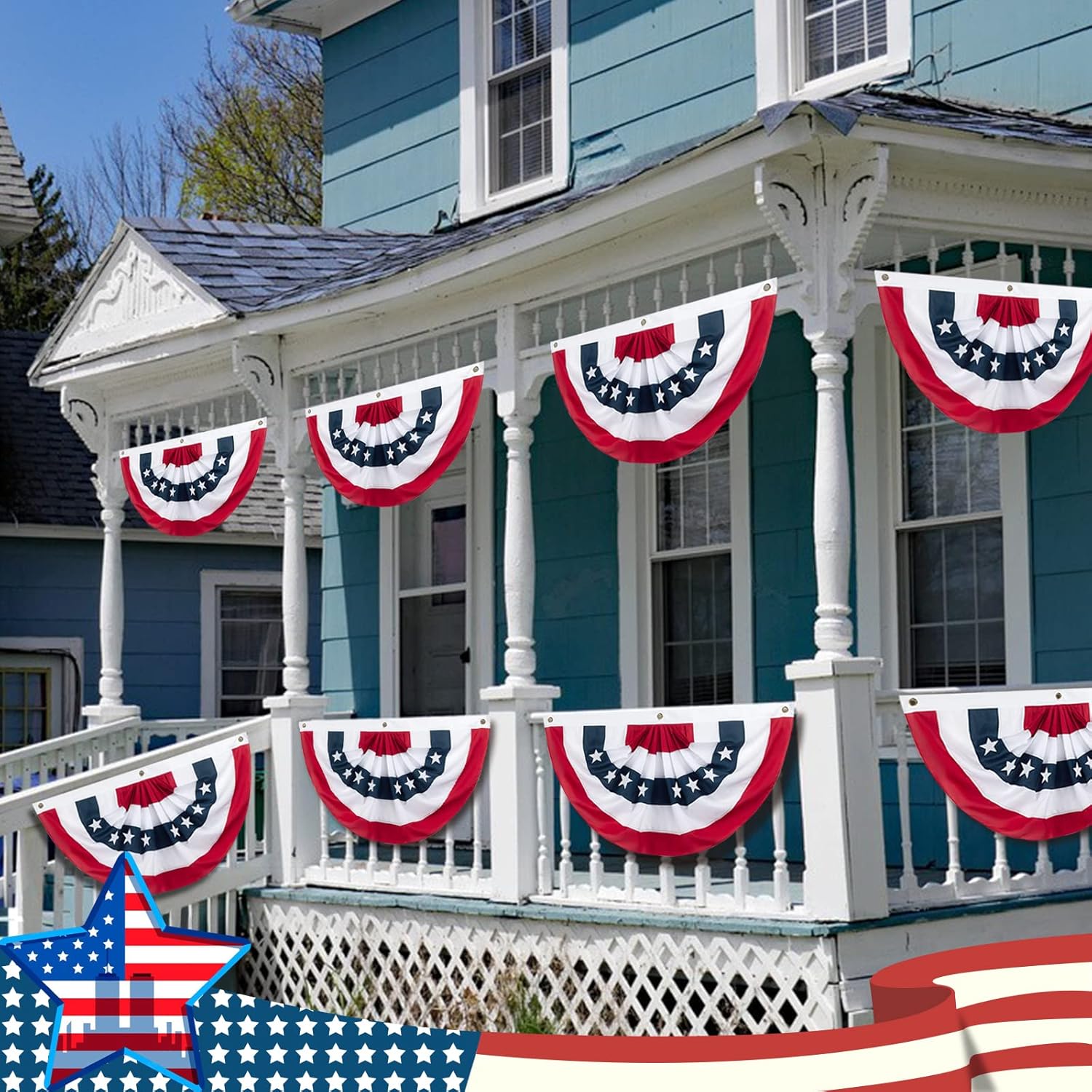 4th of July Decorations Bunting Flags, 2x4Ft American Flag Banner,Usa Pleated Fan Flag, Half Flags Banner for Porch Home Outdoor Patriotic Decorations (Set of 5)