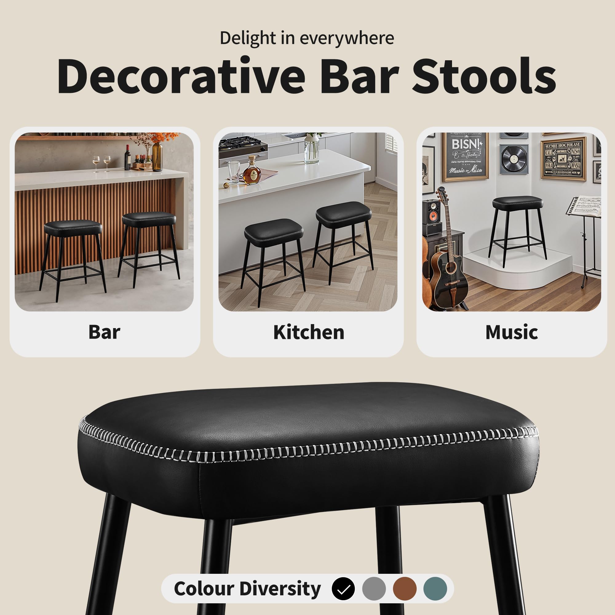 STOOLINK Barhocker 2er Set, Moderner Barstuhl mit Mikrofaser-Leder, Tresenhocker mit Fußstütze, Tresenstuhl 62.5 cm hoch, Küchenhocker Ohne Lehne 150kg belastbar für Bistro, Küche-Schwarz