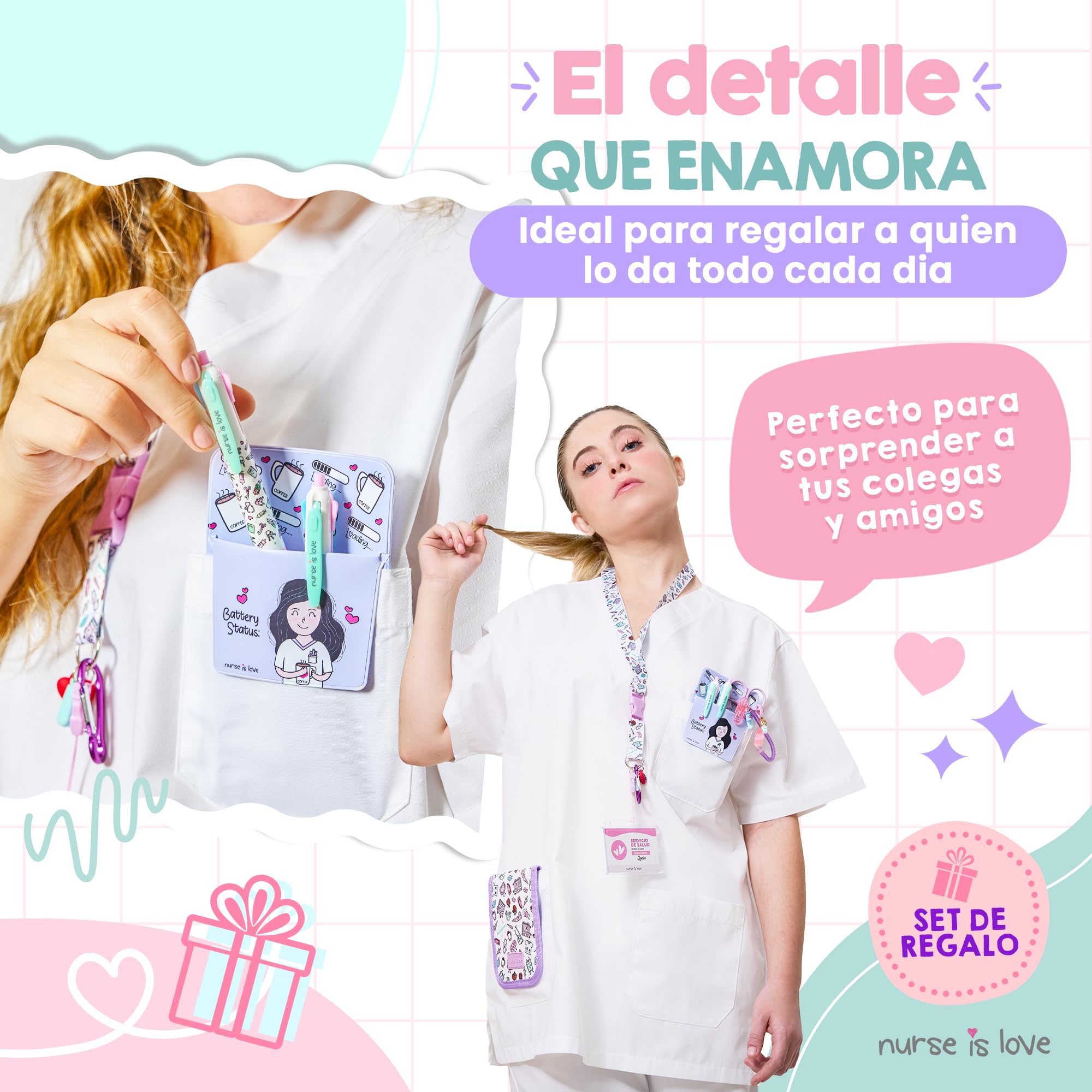 Nurse is Love Set 5 Pzas. Regalos Enfermera Original Y TCAE | Tijeras Enfermeria + Salva bolsillos Enfermeria + Bolígrafos 4 Tintas + Organizador De Bolsillo + Lanyard + Porta Tijeras | Accesorios