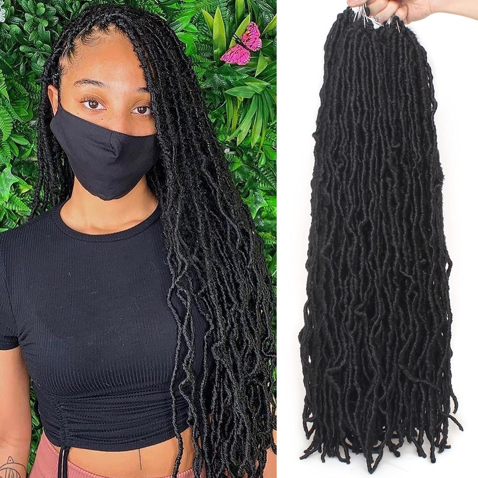 Leeven Distressed New Soft Locs Crochet Braids Hair 24 Inch Natural Butterfly Faux Locs 3 Packs Black Boho Goddess Locs Pre Looped Messy Curly Wavy Synthetic Hair Extensions for Women 1B