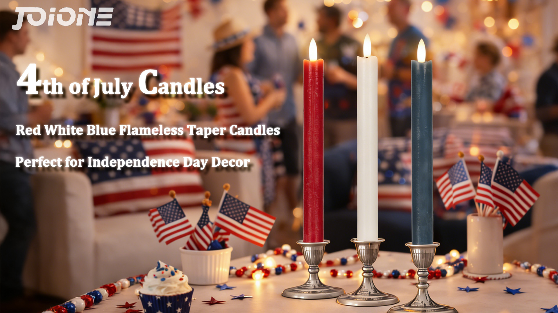 Image of JOIONE Patriotic Flameless Taper Candles with Remote, 3 Pack Red White Blue | Battery Operated, Red White Blue, Real Wax, Remote Control, Warm Flickering Glow, 4th of July Independence Day Party Decor