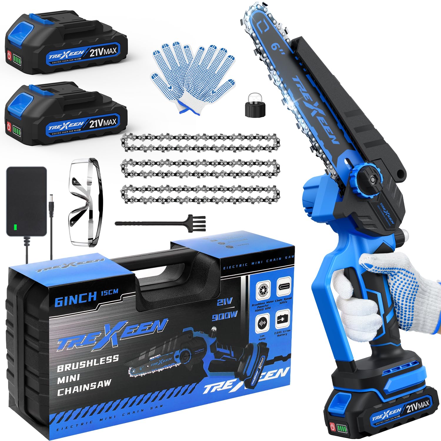 Mini Chainsaw, 6-Inch Electric Chainsaw Cordless, Upgraded 900W Brushless Portable Handheld Small Chain Saw with Auto Chain Regulator & Auto Oiler for Wood Cutting/TreeTrimming/Courtyard (Blue)