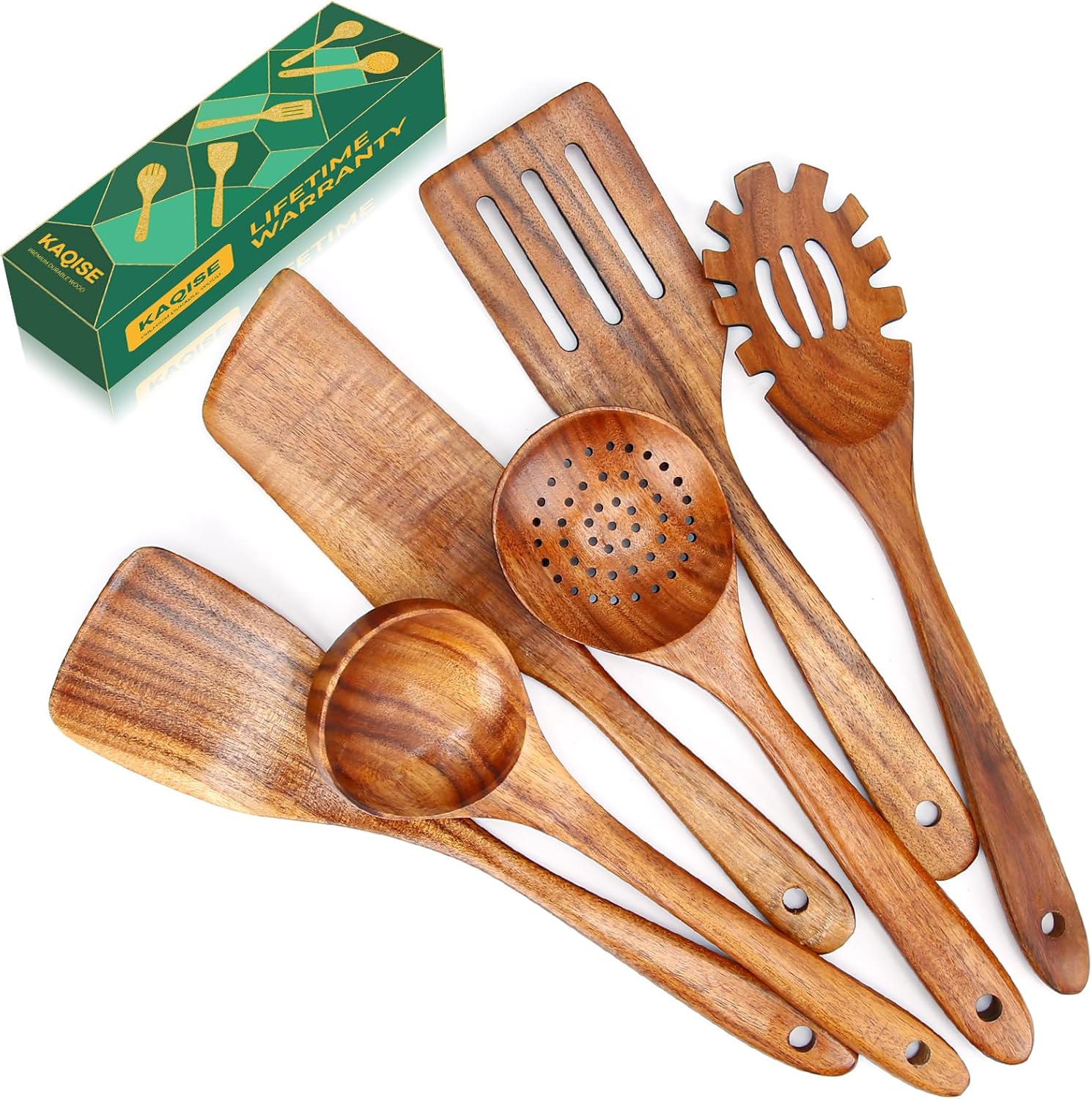 6PCS Non Toxic Wooden Cooking Utensils, KAQISE Handcrafted Wood Soup Ladle,Spaghetti Spoon with Teeth,Skimmer Scoop,Flat Turner,Slotted Spatula,Pancake Fish Eggs Scraper for Kitchen Use