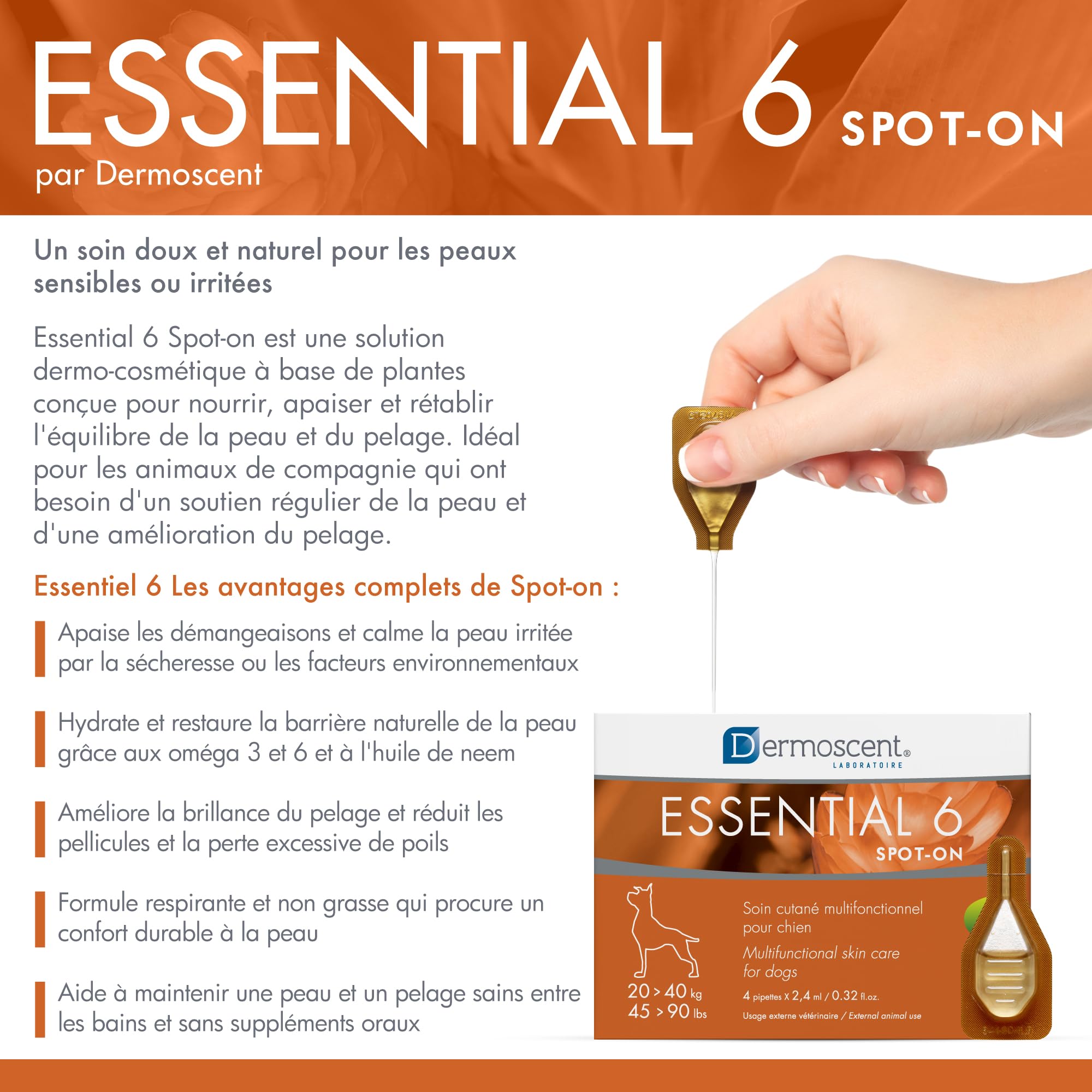 Dermoscent Essential 6 Spot-on pour Chien 20–40 kg | Soin Cutané Multifonctionnel Naturel | 4 Pipettes x 2,4 ML
