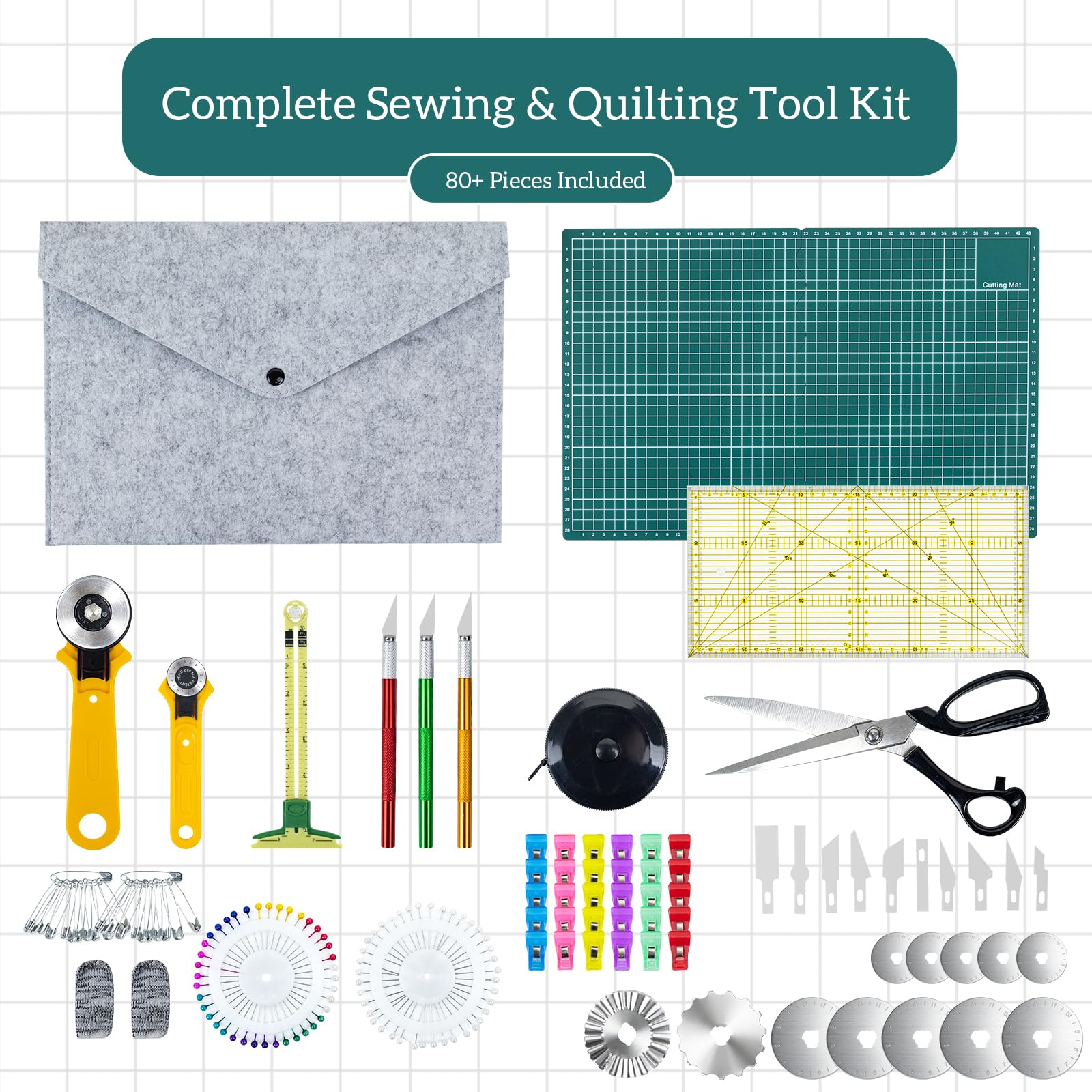 Rollschneider-Set zum Nähen & Quilten, 28 mm & 45 mm Stoffschneider mit zusätzlichen Klingen, faltbare A3-Schneidematte, Schere, Lineale & Bastelwerkzeuge-Kit für Stoffschneiden, Patchwork, DIY