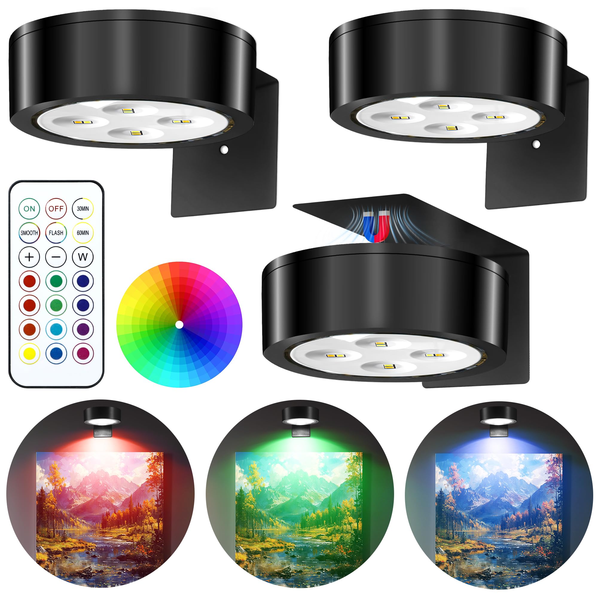 3 Pezzi Luce per Quadri Magnetiche, 13 Modalità di Colore RGB Lampada a Parete con Batterie Wireless LED, con Telecomando Luce per Quadri, per Display artistici, Cornici, Ritratti - Nero RGB