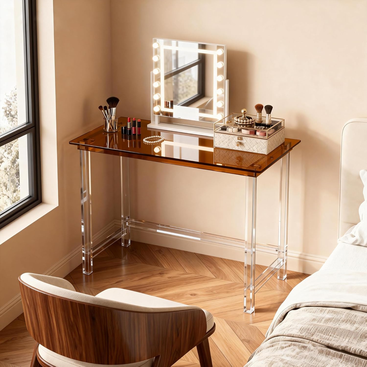 Clear Acrylic Desk, Study Laptop Computer Desk Writing Table Console Table for Bedroom Home Office Desk (Dark Brown, 39.3”×19.6"×29.5“)