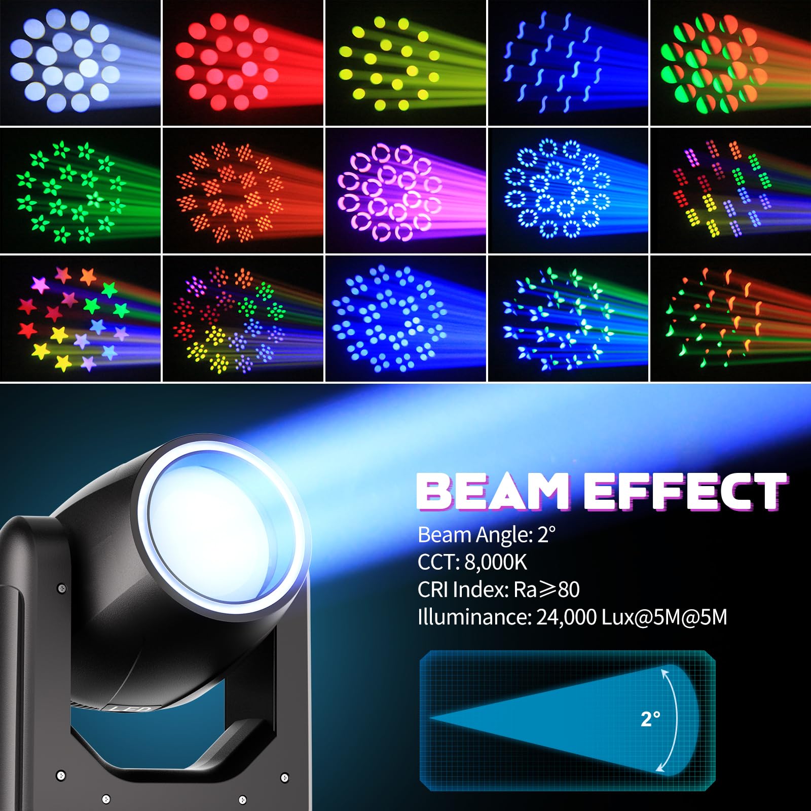 2Pcs Luce a Teste Mobili a LED RGBW da 200W, Luce Spot a Fascio con 7+1 Colori e 11+1 Ruote Gobo 18 Prismi Controllo d-mx512 per Palcoscenico Discoteca Festa Matrimonio Natale Halloween
