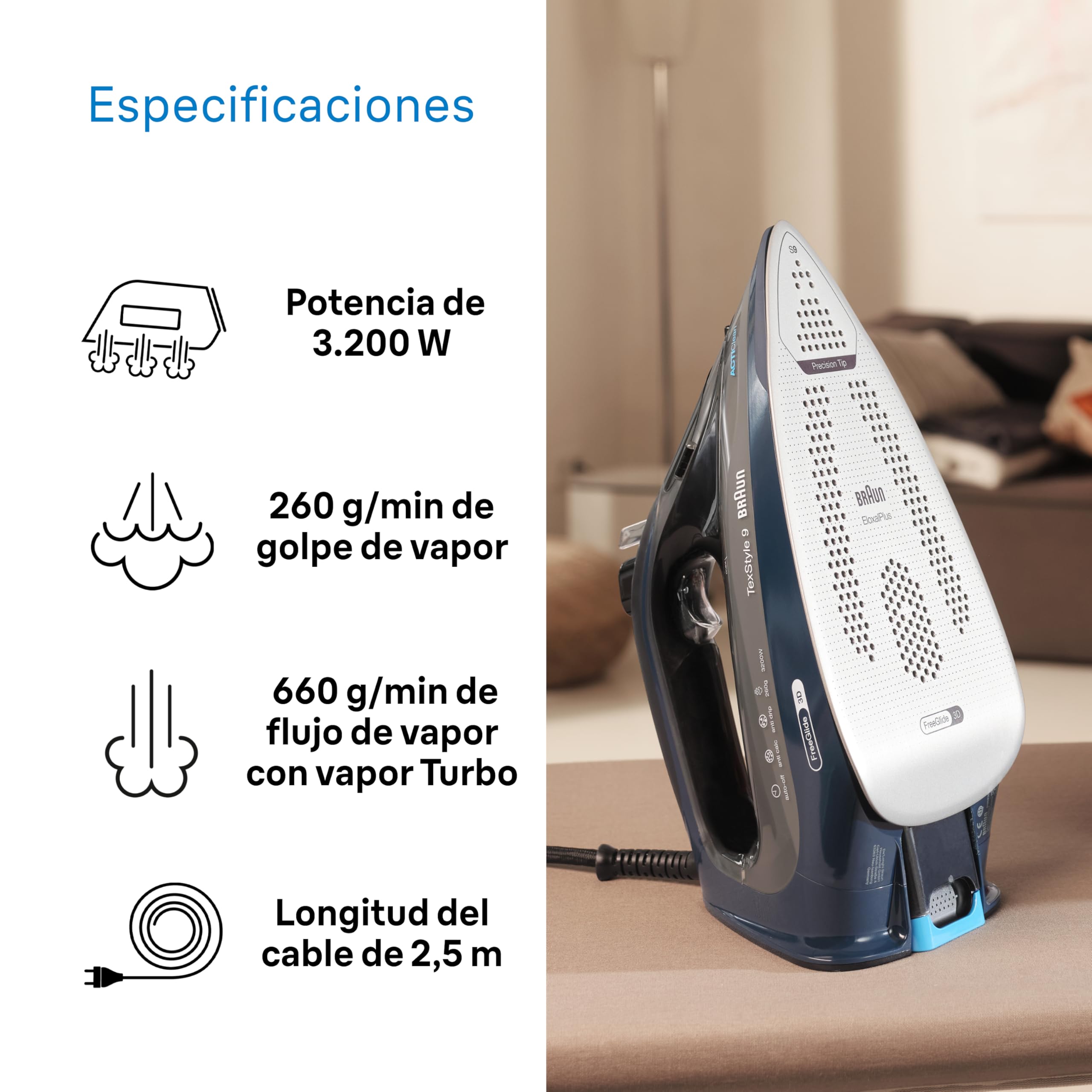 Braun TexStyle 9 SI9682 DB - Plancha de vapor con tecnología FreeGlide 3D, vapor vertical, función antigoteo, función de autolimpieza, orificio de llenado de 330 ml, 260 g/min, 3200 W, azul oscuro