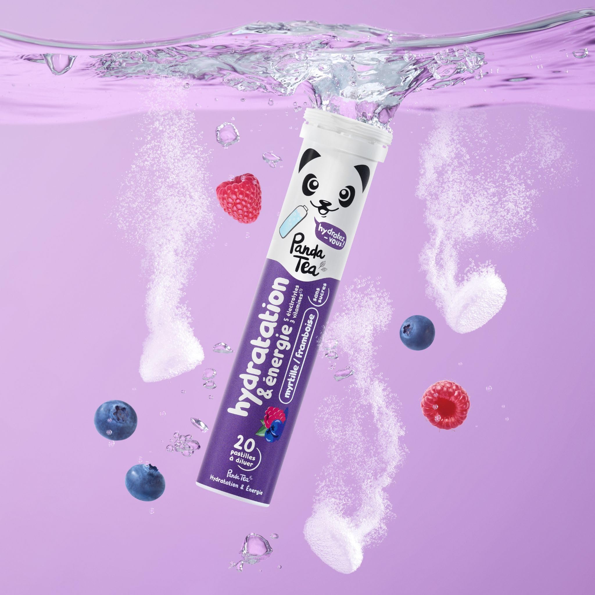 Panda Tea - Pastilles Hydratation & Énergie - Myrtille-Framboise - 3x20 Pastilles sans sucre - Electrolyte Ultra Hydratation - Idéale pour le Sport et le Quotidien