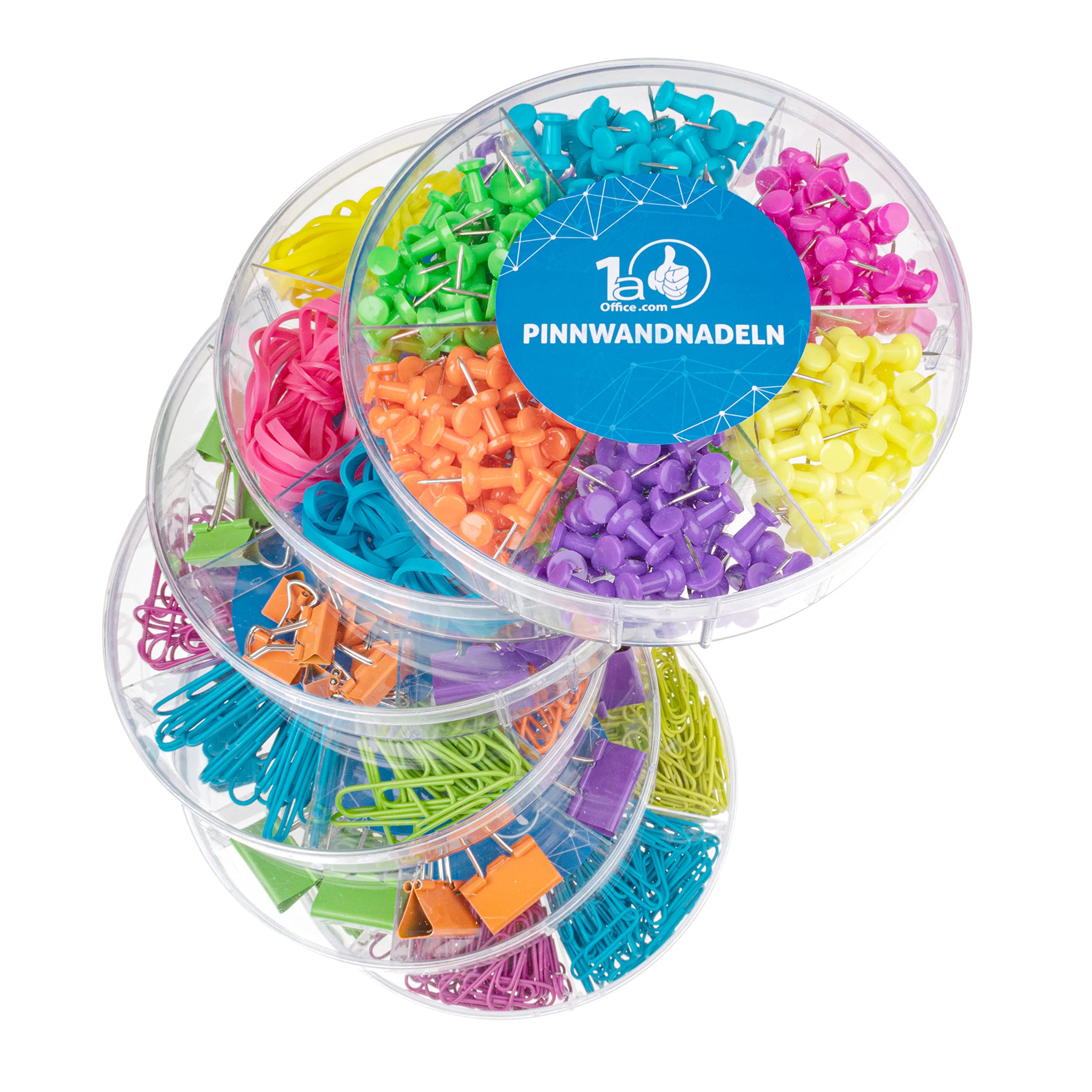 Büroset - Büroklammern, Foldback-Klammern, Gummibänder und Pinnadeln im All-in-One-Set in praktischer Box - stapelbar durch Klebepatch - bunt