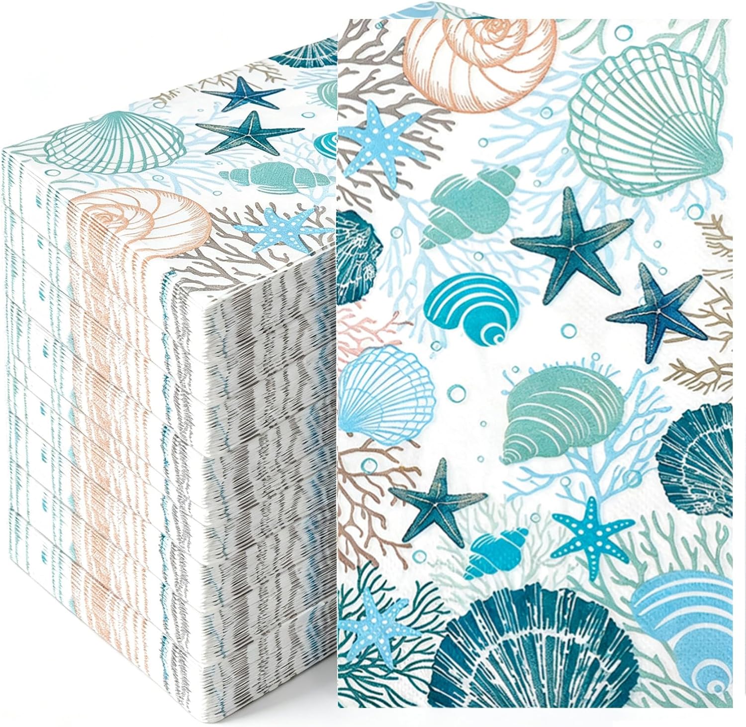 Coastal Beach Napkins, 100 Pcs Seashell Paper Napkins Disposable Ocean Napkins Blue Starfish Coral Cocktail Napkin Under the Sea Nautical Napkin Guests Towels for Summer Birthday Wedding Party Decor