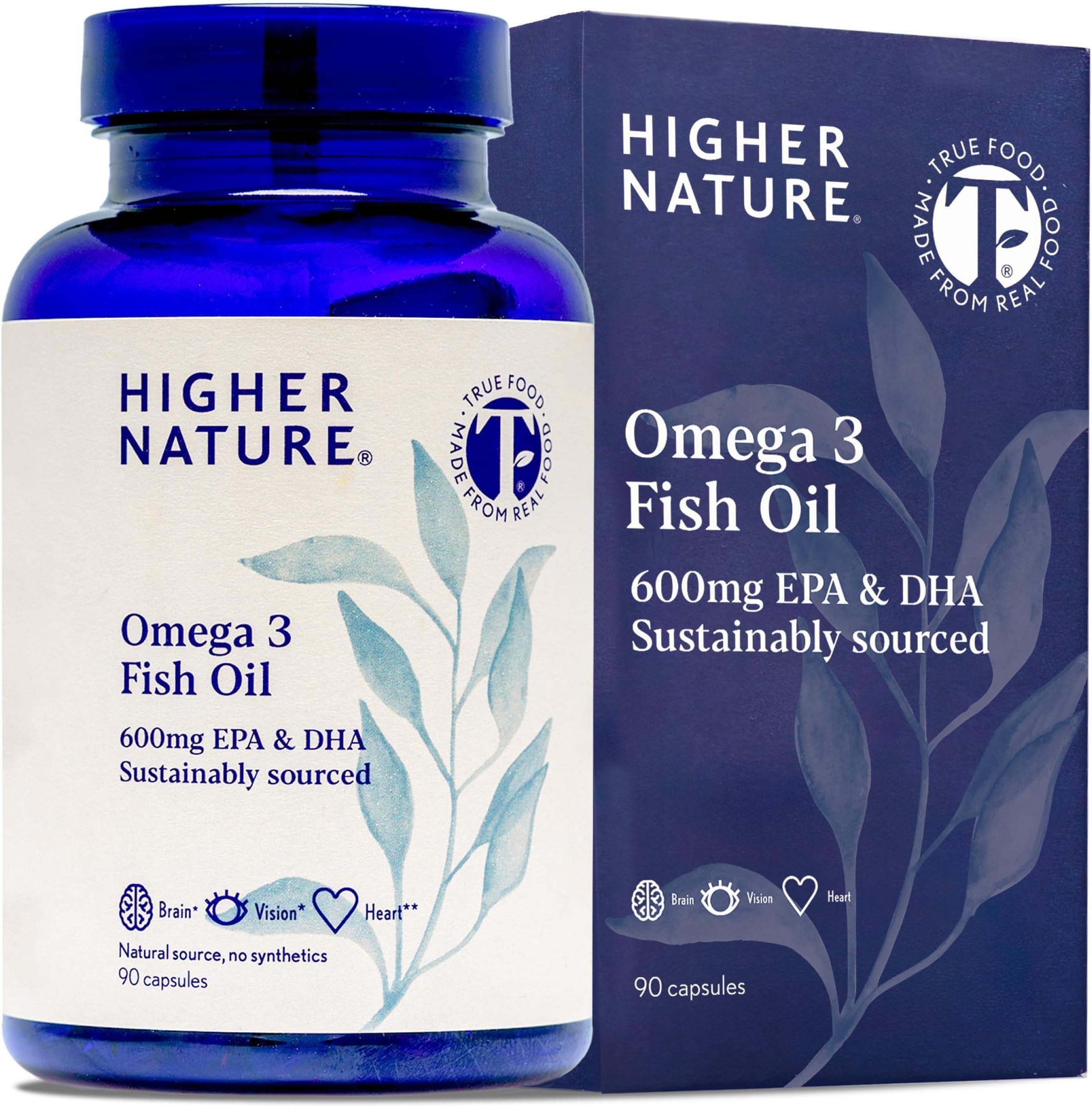 Higher Nature - Omega 3 1000mg Fish Oil Capsules - Eye Health & Brain - 180mg EPA - 120mg DHA - 2 x 90 Capsules (Pack of 2)