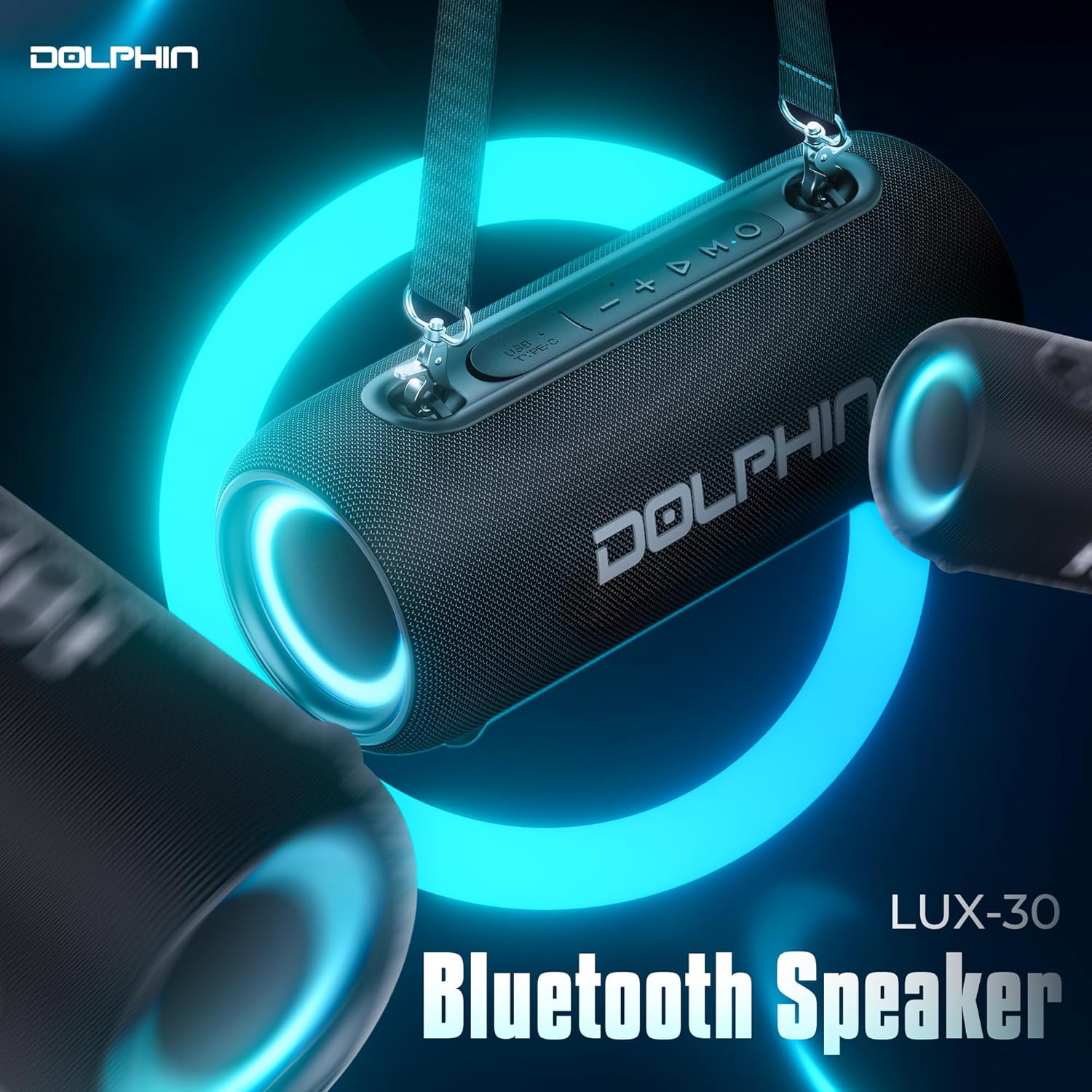 Dolphin LX-30 speaker with glowing blue RGB lights