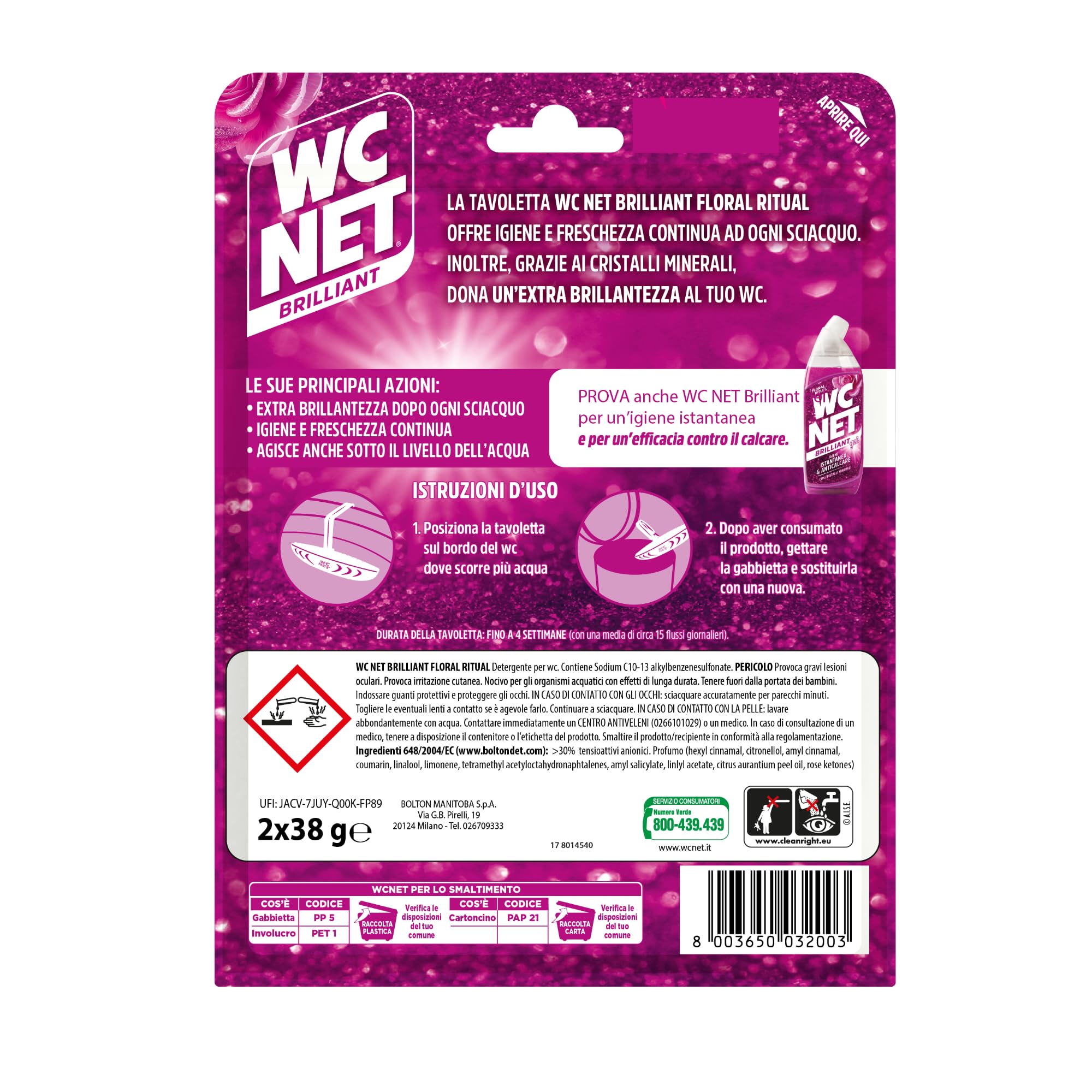 Wc Net - Tavoletta Brilliant Floral Ritual, Detergente Igienizzante Solido per Wc, Igiene, Texture Glitterata e Piacevole profumo di Lunga Durata, 2 Pezzi