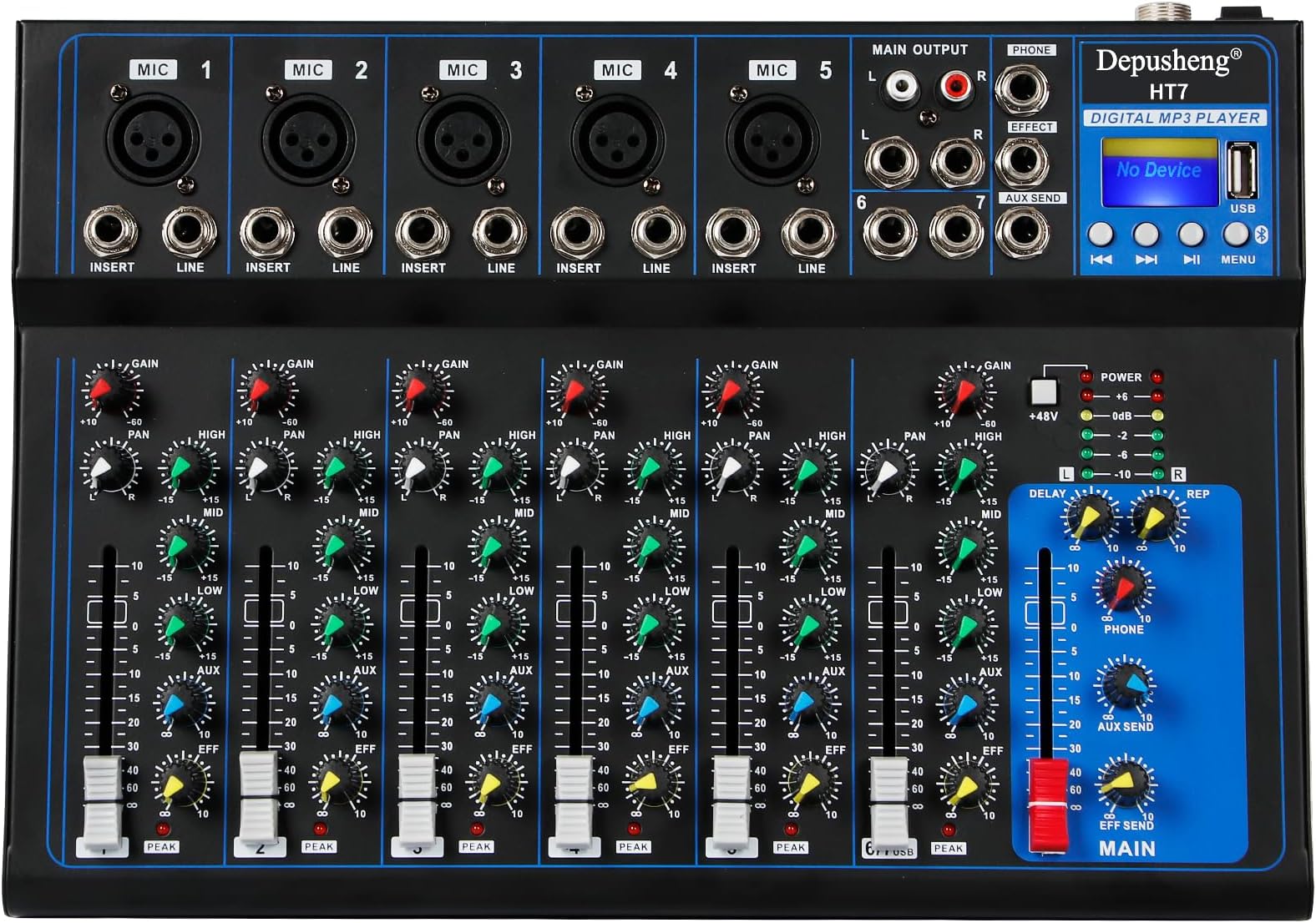 Depusheng HT7 Bluetooth Portable Audio Mixer w/USB DJ Sound Mixing Console MP3 Jack 48V Power for Computer Recording, 7-Channel Bands Mixing Boards For Studio Recording