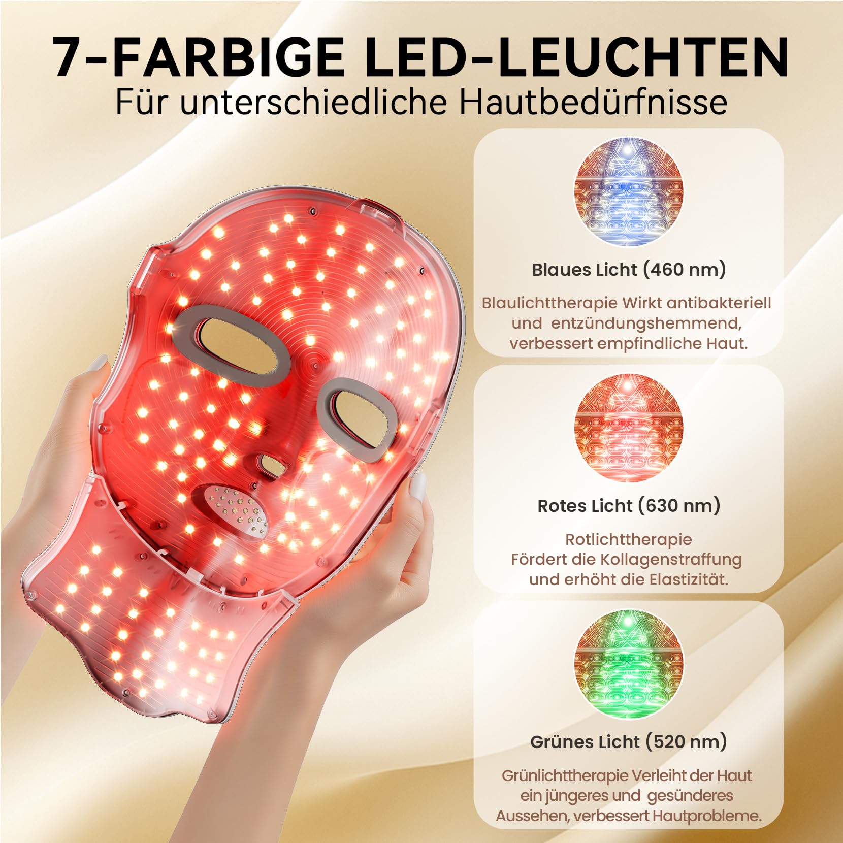 LED Gesichtsmaske –7 Farben Rotlicht & Nahinfrarotlicht, Anti-Aging Led LED Maske & Neck lichttherapie, 120pcs LED, Hard Shell/USB-C, Fernbedienung