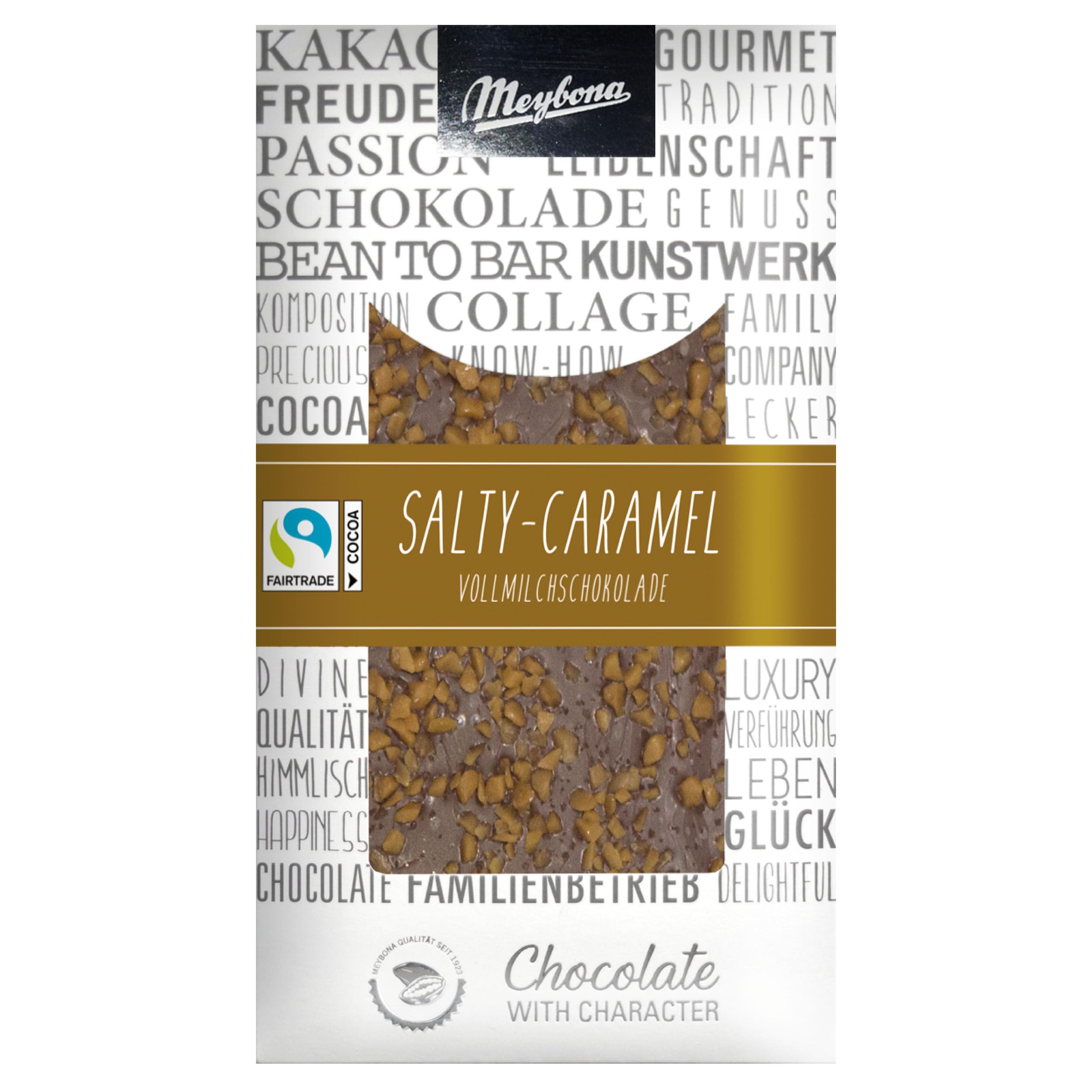 Meybona Collage Vollmilch-Schokolade 36% | Salty Caramel | 7x100g | Handbestreut, Edelkakao-Schokoladen, ausgewählte Edelkakaobohnen, 36% Kakao, Fairtrade Kakao, Bean-to-Bar