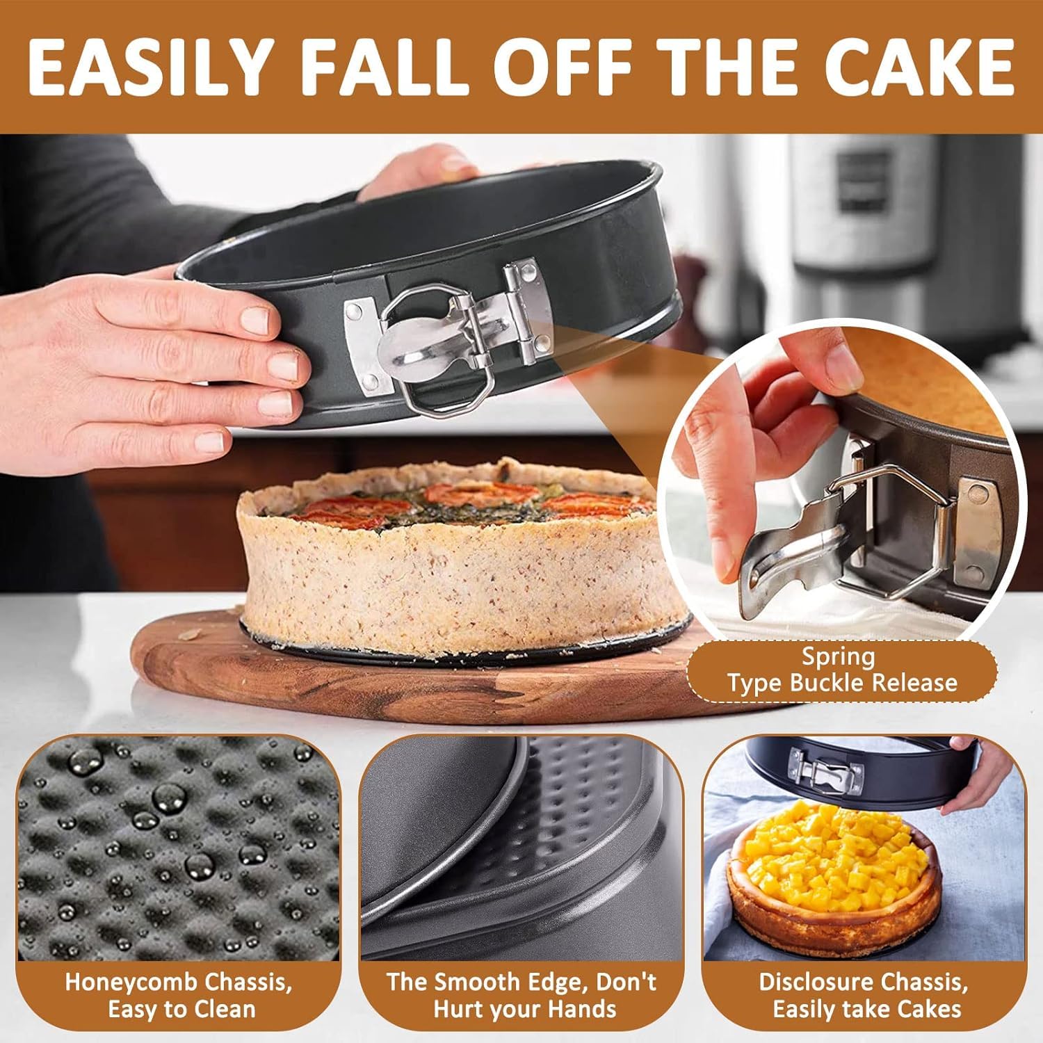 4 Pezzi Tortiera 16/20cm Rotonda e 22/26cm Quadrata, Rivestimento Antiaderente Teglie da Forno, Acciaio al Carbonio Teglia Torta con Fondo Rimovibile, Grigio