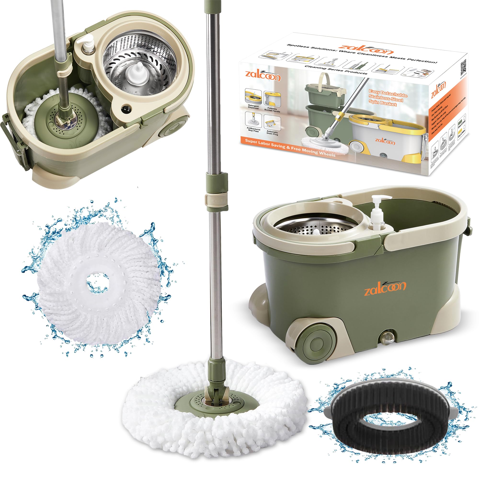 ZALCOON Spin Mop and Bucket with Wringer Set, Telescopic Handle for Floor Cleaning, 360° Spinning Mop Bucket with 2 Wheels Easy Moving, Extra Microfiber Mop Pads and Scrub Brush (Olive Green)