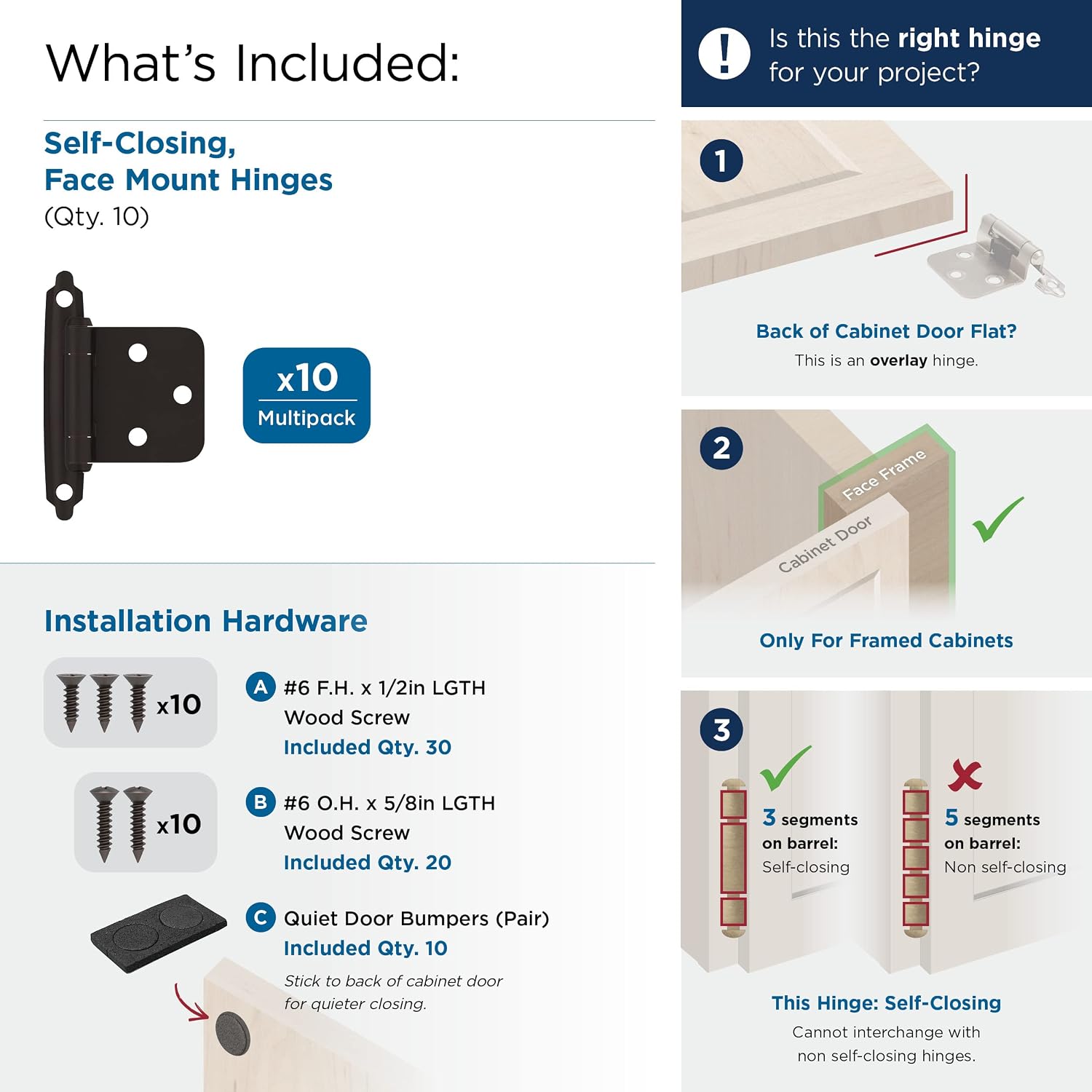 Amerock | Cabinet Hinge | Variable Overlay | Oil Rubbed Bronze | 10 Pack | Self-Closing | Face Mount | Cabinet Door
