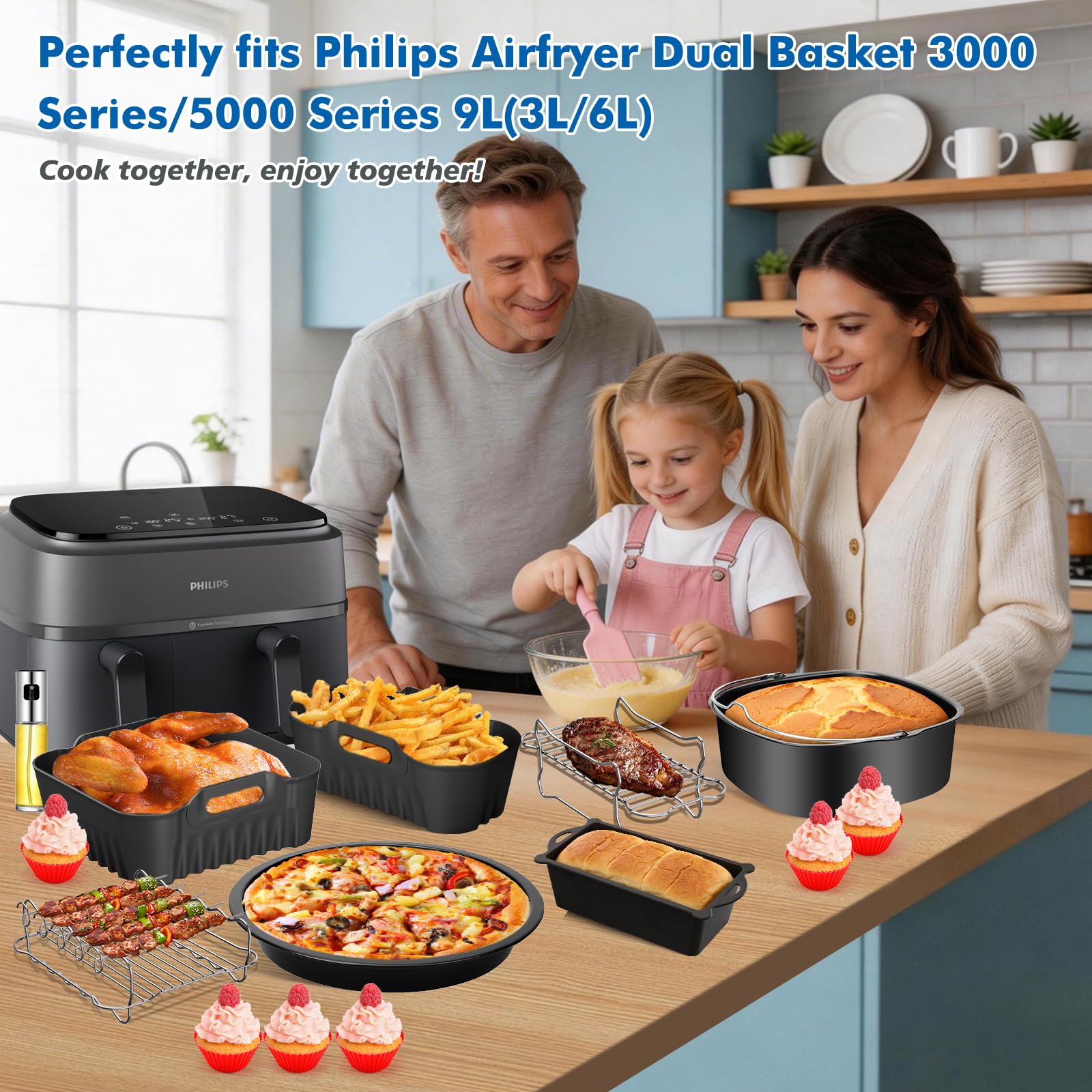 Airfryer Accessori per Philips Airfryer Dual Basket 3000 Series, NA350/NA352/NA353, 9L, 2 cestini, stampo in silicone per friggitrice ad aria calda, con griglia, teglia per pizza, stampo per pane
