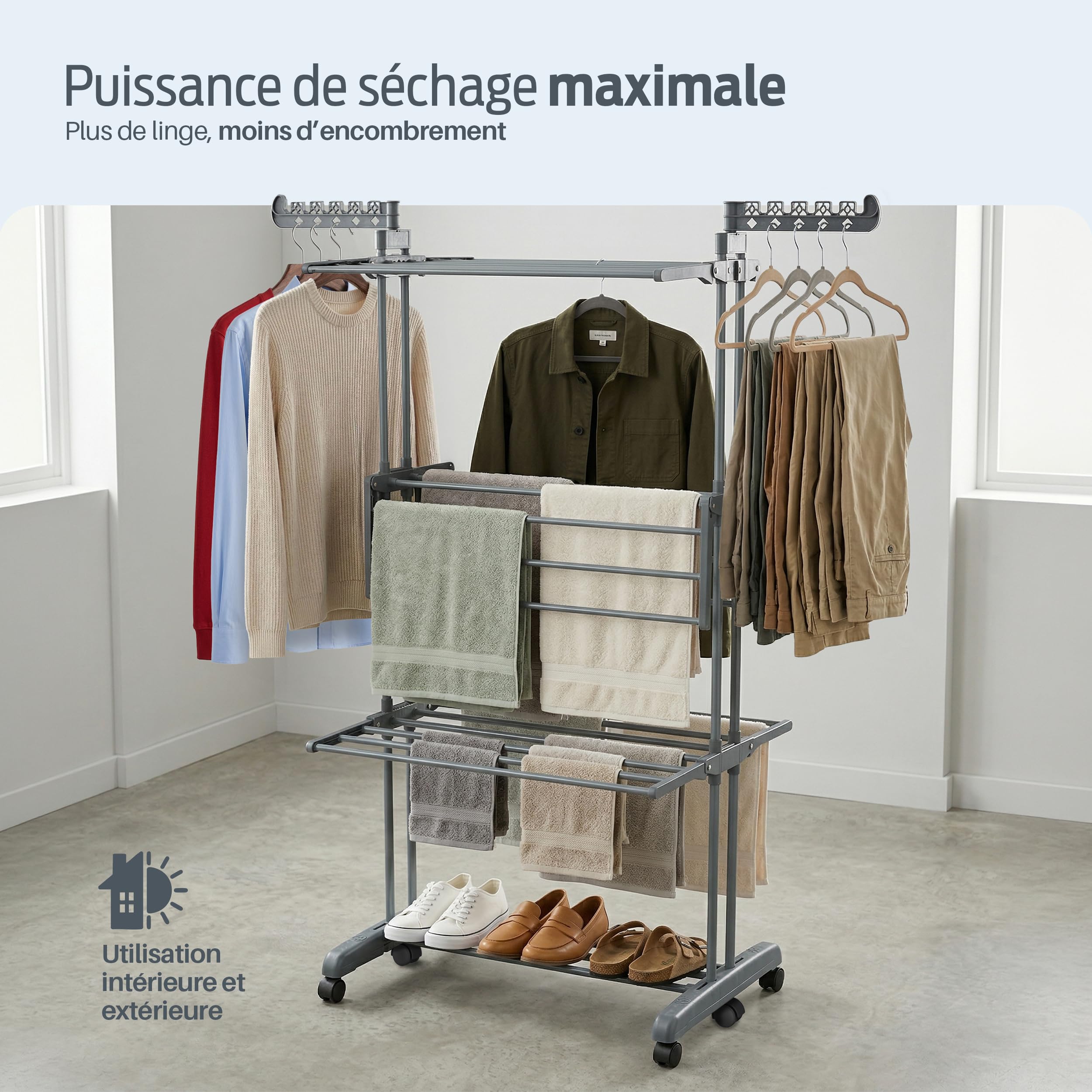 PORTENTUM Etendoir Linge Interieur et Exterieur Pliable avec 4 Niveaux et 24 Barres de séchage – Jusqu’à 40 kg – Seche Linge avec 2 Accessoires pour Chaussettes – roulettes pivotantes avec Frein