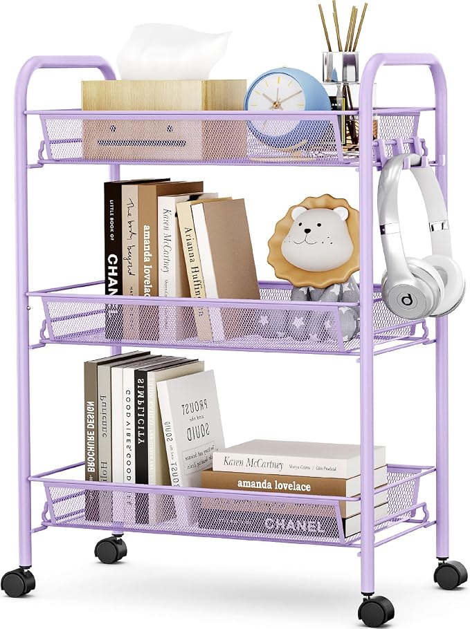 Chariot Dortoir Chariot À Roulettes 2 Niveaux - Organisateur Cuisine Et Rangement Polyvalent Avec 4 Crochets