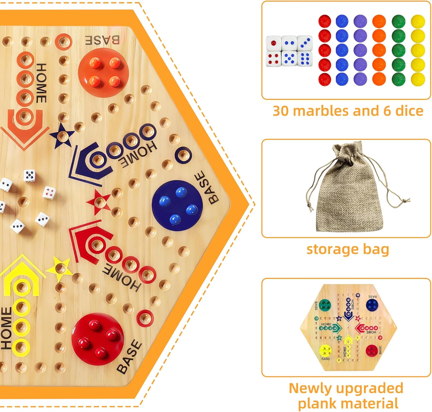 Wooden Board Game, Board Game Original Marble Game Double Sided Painted 2 to 6 Player Fast Track Wooden with 6 Colors 24 Marbles 6 Dice for Adults Kids Family(24 INCH)