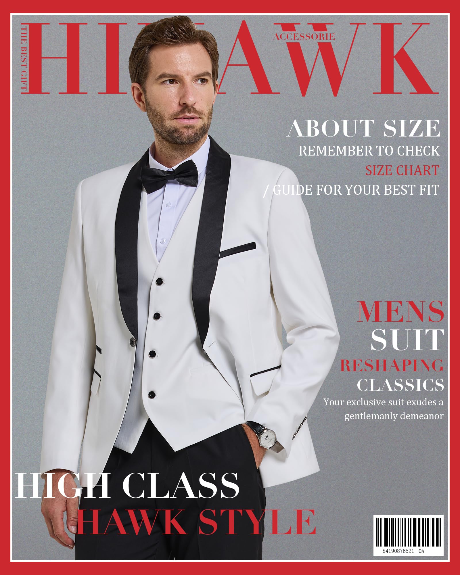 Hihawk Set da smoking da uomo in 3 pezzi con papillon, scialle con bottone e risvolto, giacca e pantaloni, vestibilità aderente, per feste, matrimoni, balli di fine anno
