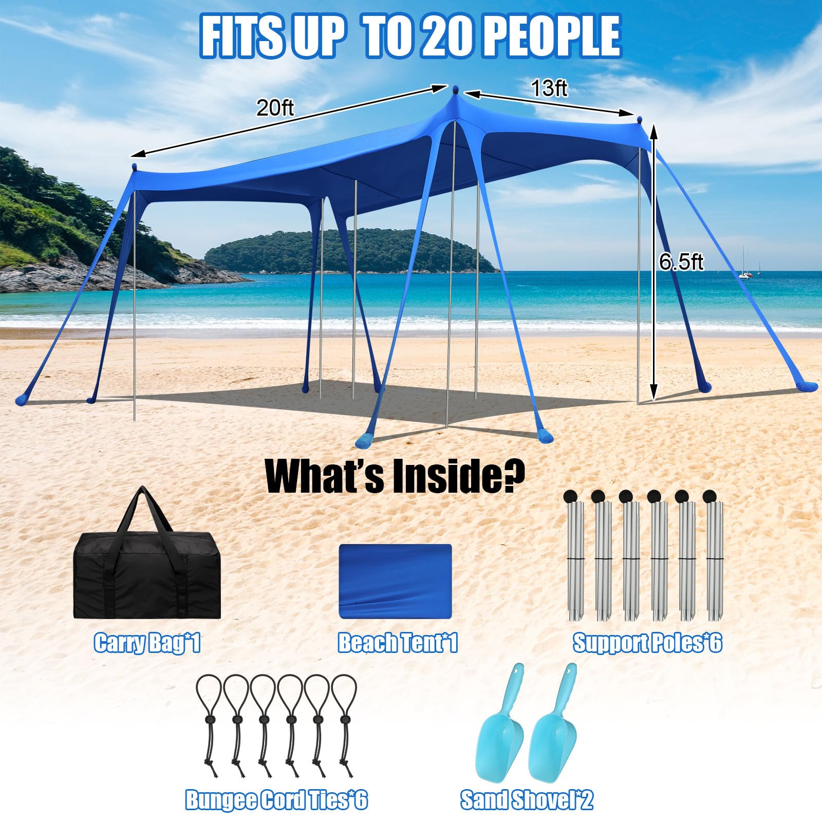 Wovnet 13 x 20 FT Beach Tent Sun Shelter UPF 50+ Beach Shade Canopy Pop up Tent Portable Cabana Outdoor with Aluminum Poles Sandbags Sand Shovel for Camping Fishing Trip Picnic Party(Blue)