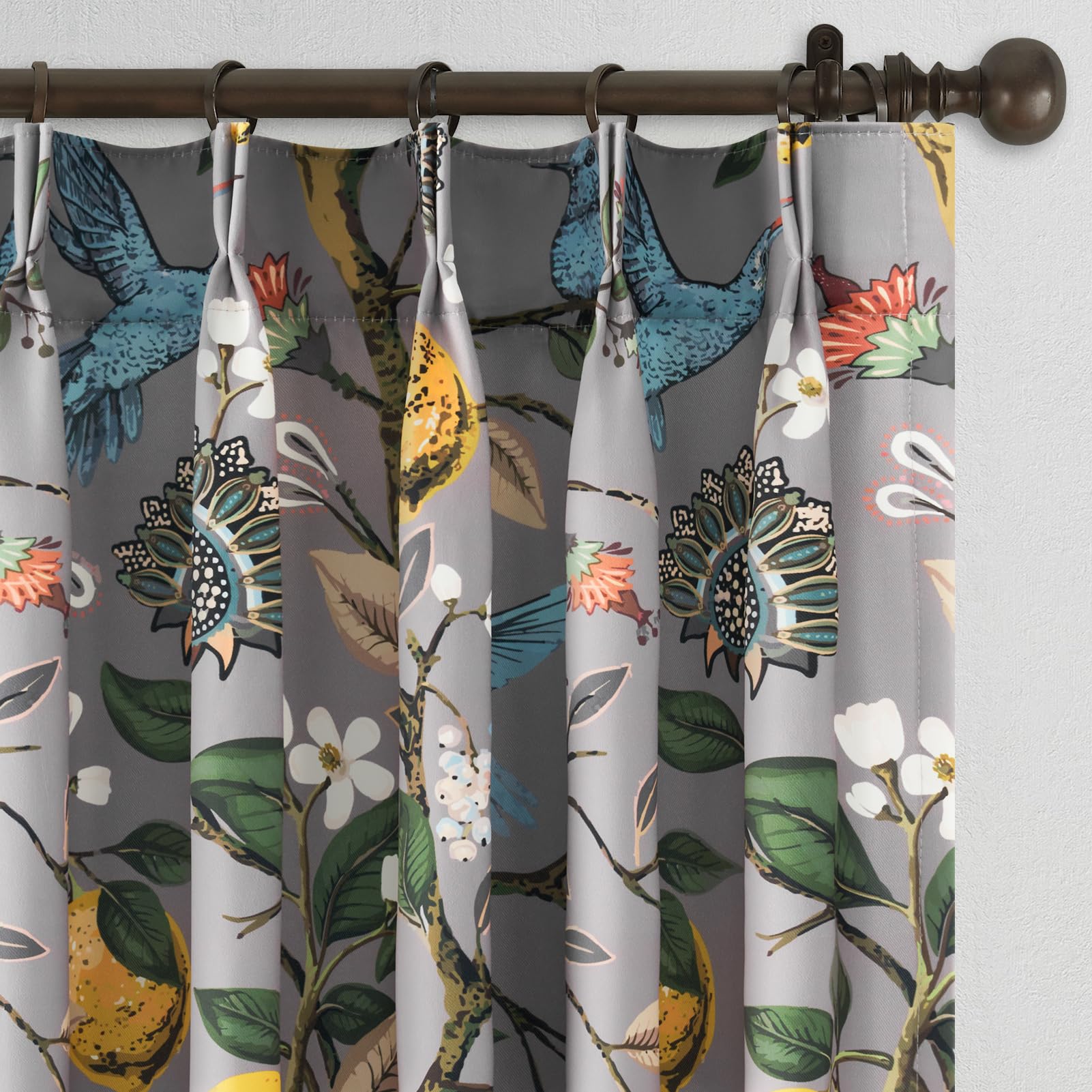 90 Inches Long Curtains 2 Panels for Living Room Bedroom Unique Elegant Colorful Floral Hummingbird Patterned Rustic Pinch Pleated Drapes for Classroom Room Office 40x90，Grey