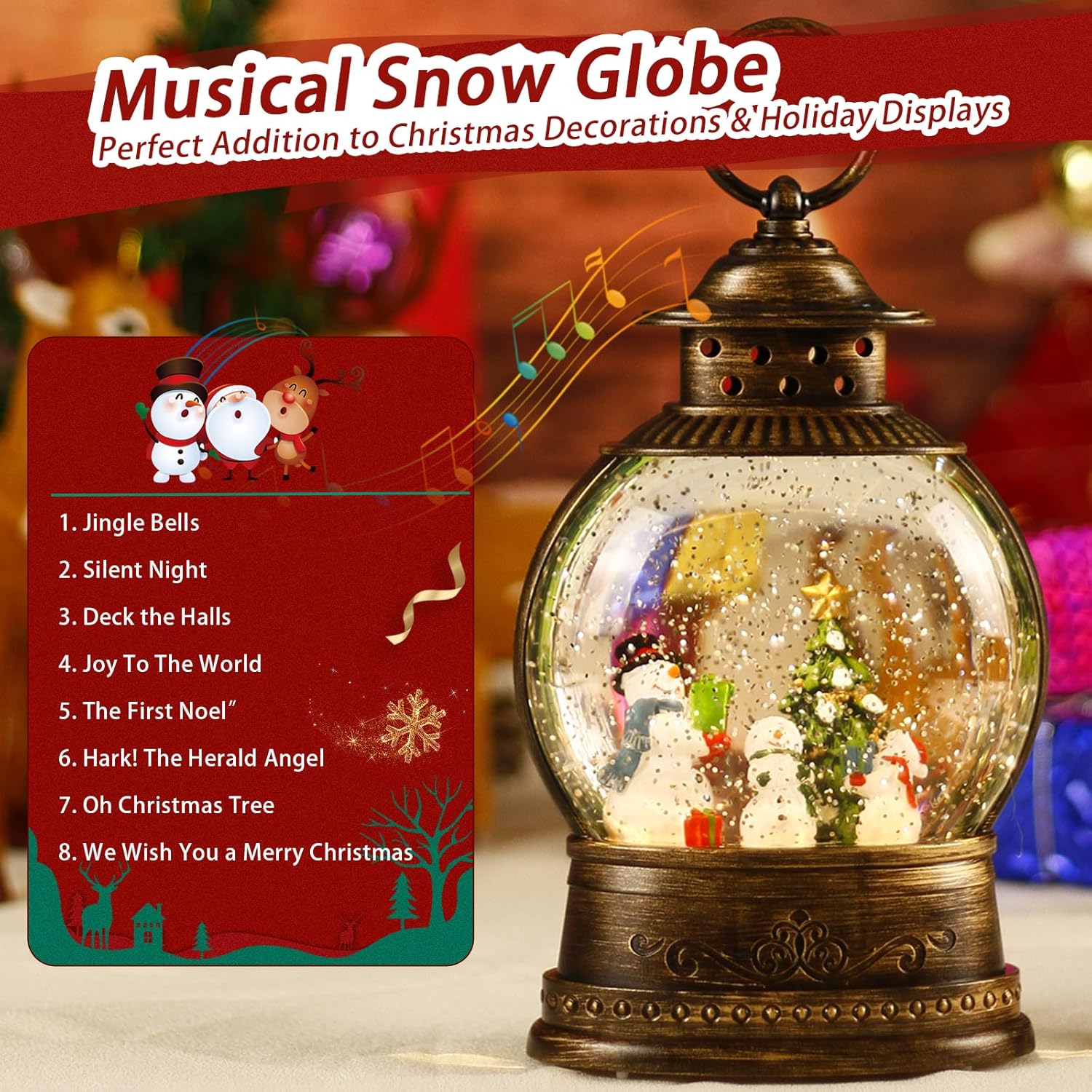 Christmas Snow Globe Lantern, Musical Lighted Snowman and Tree Snow Globes with 6H Timer, Battery & USB Operated Spinning and Swirling Glitter Snow Globes Christmas Decorations - Image 4
