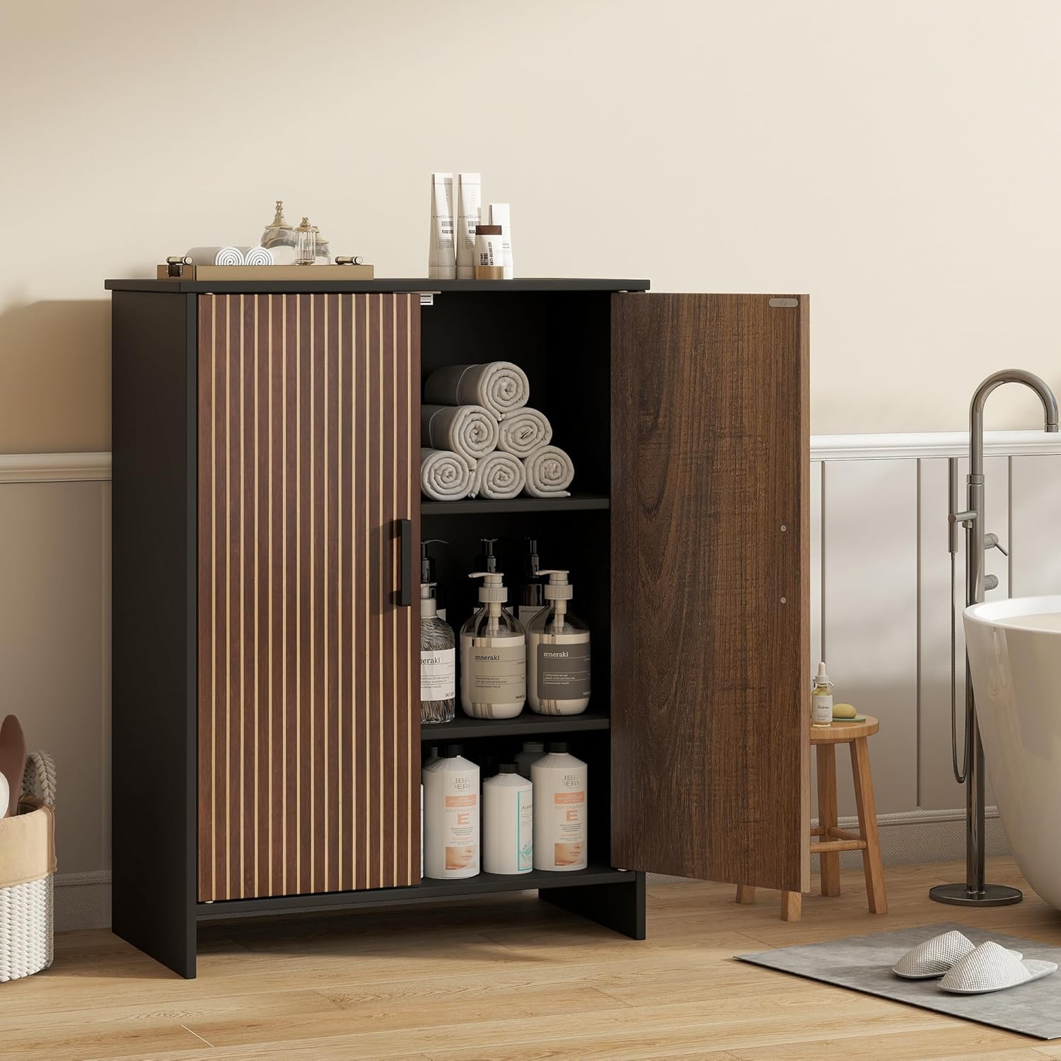 Bathroom Storage Cabinet, Floor Cabinet with 2 Fluted Doors and 2 Adjustable Shelves Wooden Freestanding Organizers and Storage, Black