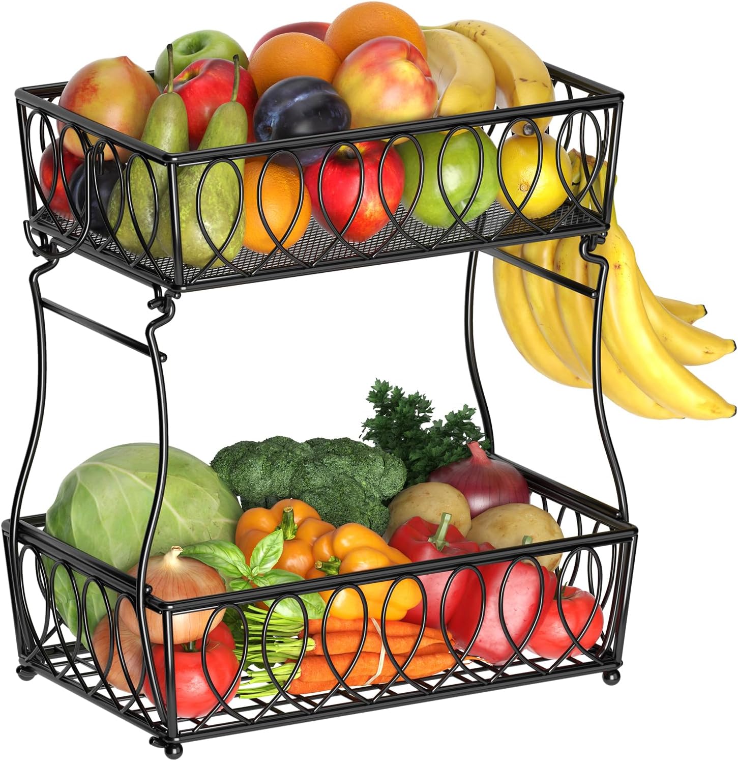 2-Tier Countertop Fruit Basket Bread Bowl for Kitchen, Vegetable Potato Onion Storage Wire Basket, 13.8-Inch, Black