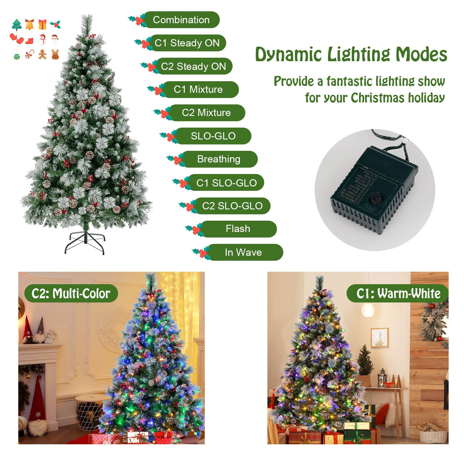 LIFEZEAL Sapin de Noël Artificiel de 180 cm/210 cm, recouvert de Neige, avec Pointes de Branches et Aiguilles de pin, Arbre Festif Lumineux avec Support, pour décoration de Noël (Vert+Blanc, 180cm)