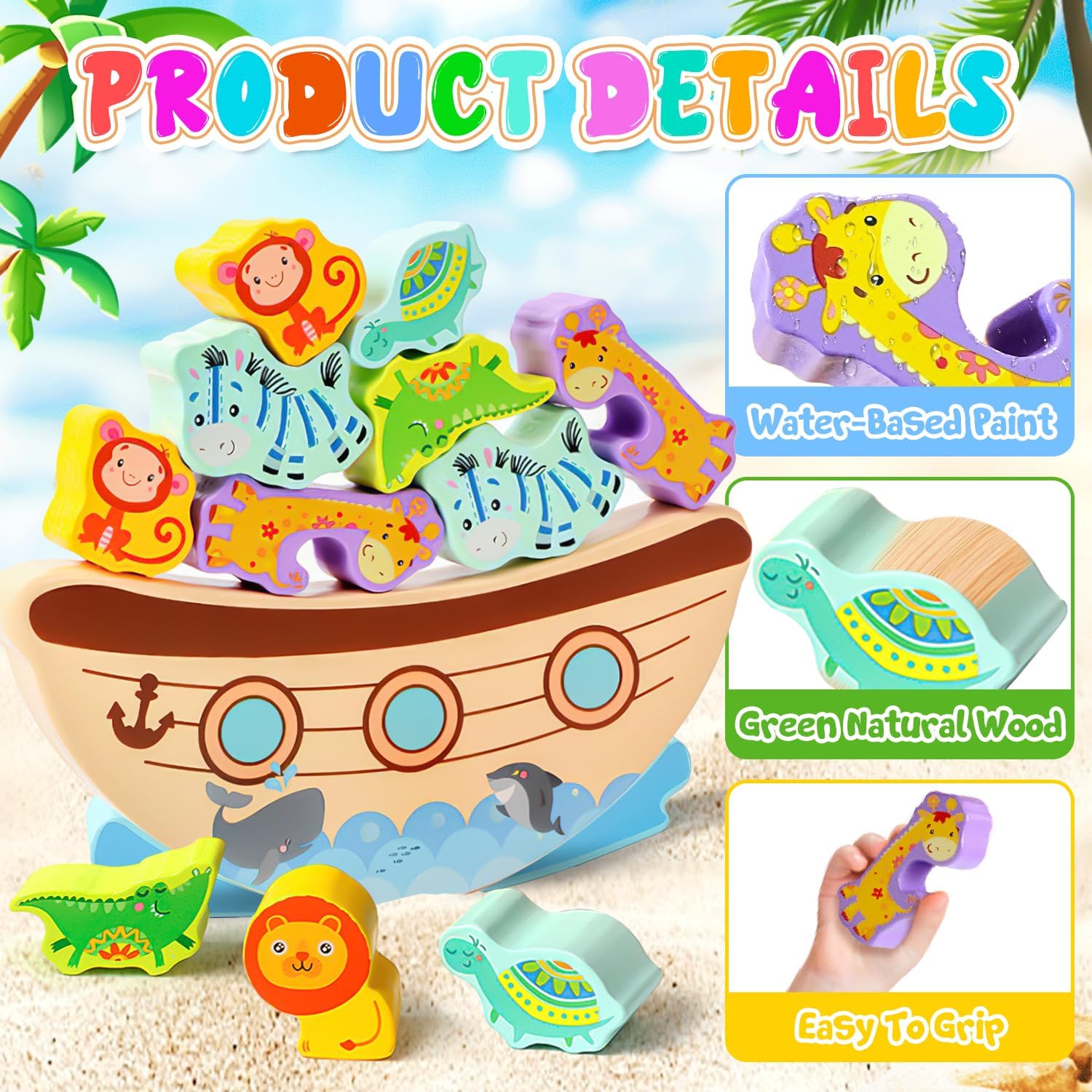 Fidtoy wooden cartoon animals building blocks and balancing boat game
