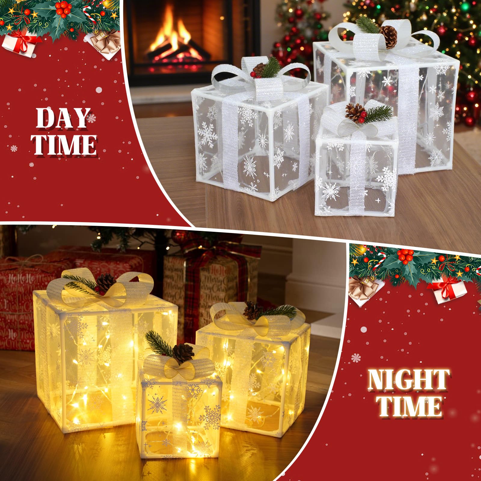 Set Of 3 Christmas Lighted Gift Boxes, Pre-lit LED Light Up Present Boxes Ornament For Christmas