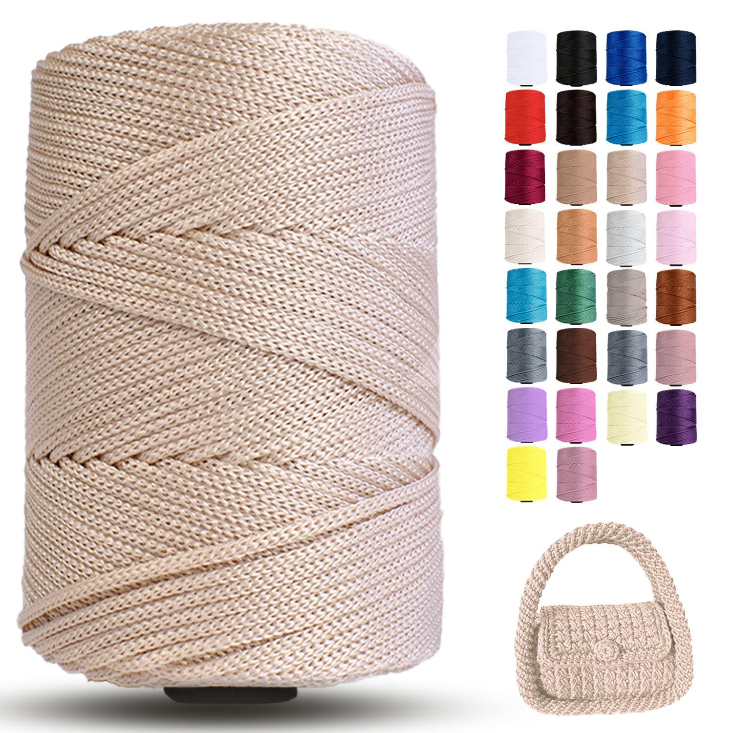 Polyester Macrame Cord 3mm x 251 Yards, Braided Crochet Yarn, Polypropylene Rope Crochet Bag Cord for Wall Hangings, Bag, Plant Hangers, Hats, Underplate, DIY Crafts, Gift for Knitter - 1