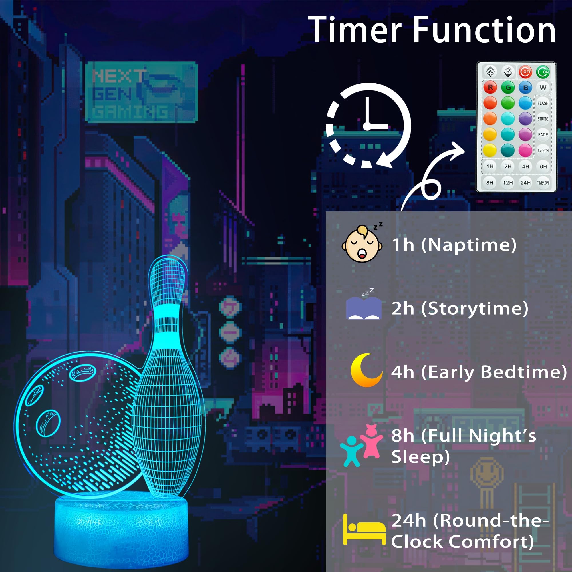 Bowling Night Light, Bowling Gifts 3D Illusion Lamp with 16 Colors Changing, Timer, 4 Flash Modes and Dimmable, Kids Boys Girls Room Decoration, Holiday Xmas Gifts