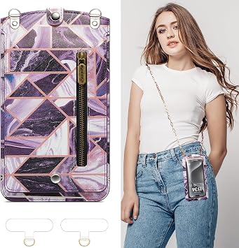 Cell Phone Purse Small Crossbody Bag for Women Leather Mini Shoulder Bag Wallet Case with Card Slot Neck Chain with Touch Screen Zipper Pocket for All Smartphone iPhone Samsung up to 7.5" Puple Marble