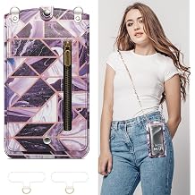 Cell Phone Purse Small Crossbody Bag for Women Leather Mini Shoulder Bag Wallet Case with Card Slot Neck Chain with Touch Screen Zipper Pocket for All Smartphone iPhone Samsung up to 7.5" Puple Marble