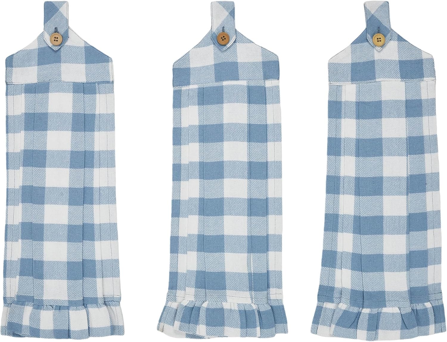 VHC Brands Cotton Annie Buffalo Check Blue Button Loop Kitchen Towel Set of 3, Hanging Kitchen Towel, Pleated, Bath, Kitchen, Annie Buffalo Check Collection, Rectangle 21x7, Dusk Blue