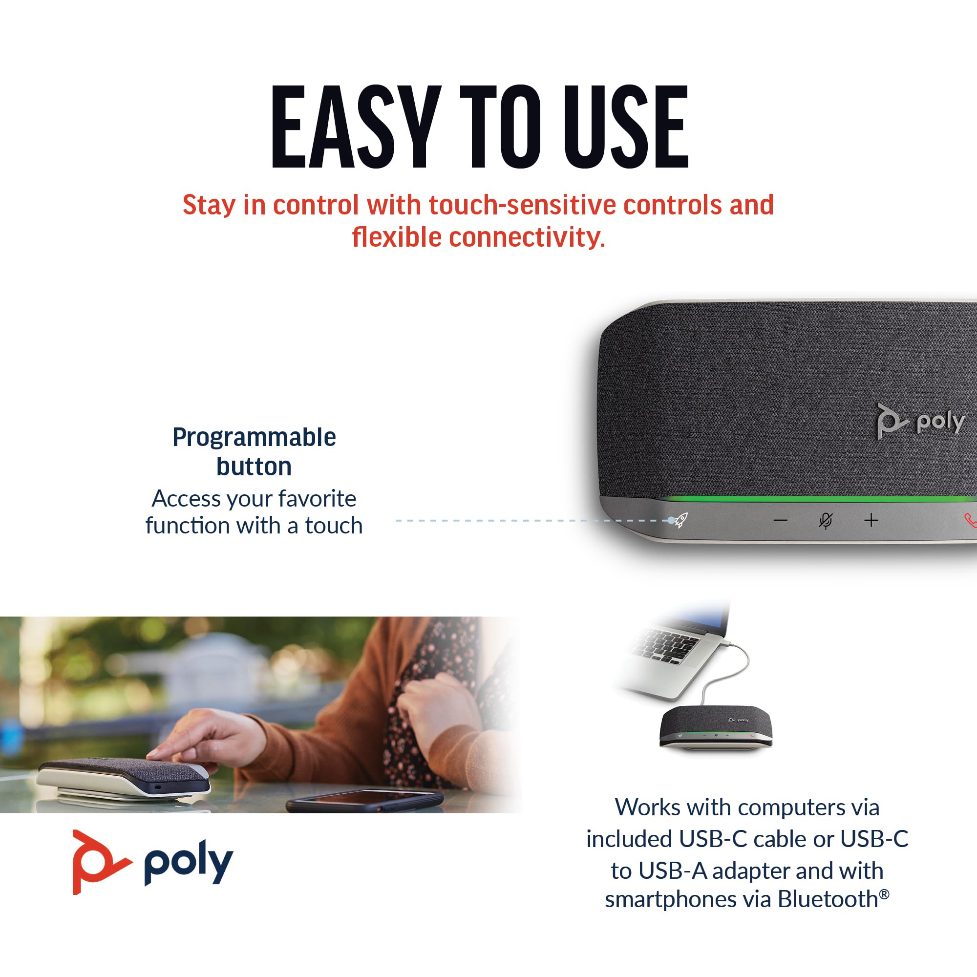 Poly Sync 20 Vivavoce Portatile USB-C E Bluetooth – Audio Professionale Con 3 Microfoni E Caricabatterie Per Smartphone