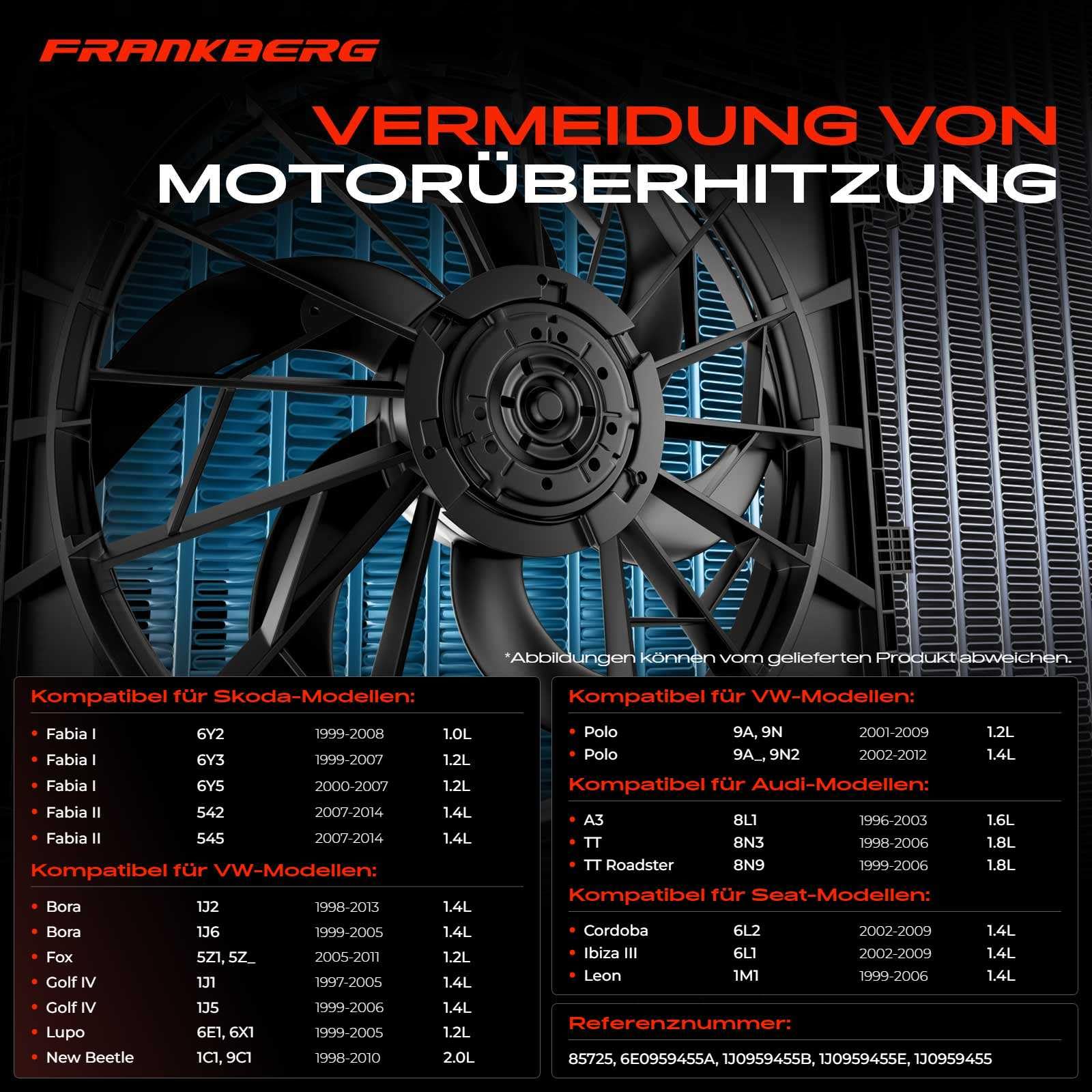 Frankberg Lüfter Motorkühlung Kühlerlüfter Kompatibel mit Oct.avia II 1Z3 1.4L 2004-2006 A3 8L1 1.6L-1.9L 1996-2003 Golf IV Van 1J1 1.9L 1997-2004 Replace# 1J0959455
