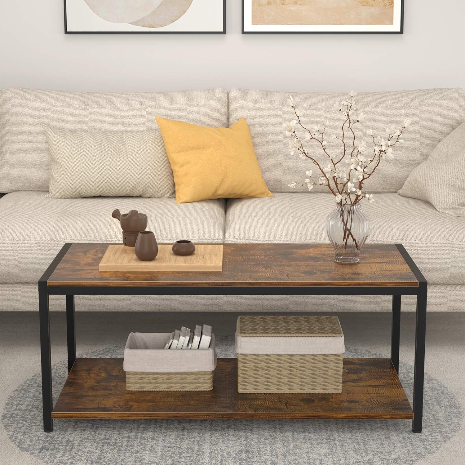 Homieasy Coffee Table, 43" Industrial Coffee Table for Living Room, Retro Central Table with Storage Shelf, Wooden Tabletop and Metal Frame Living Room Table, Cocktail Table Tea Table, Rustic Brown : Everything Else